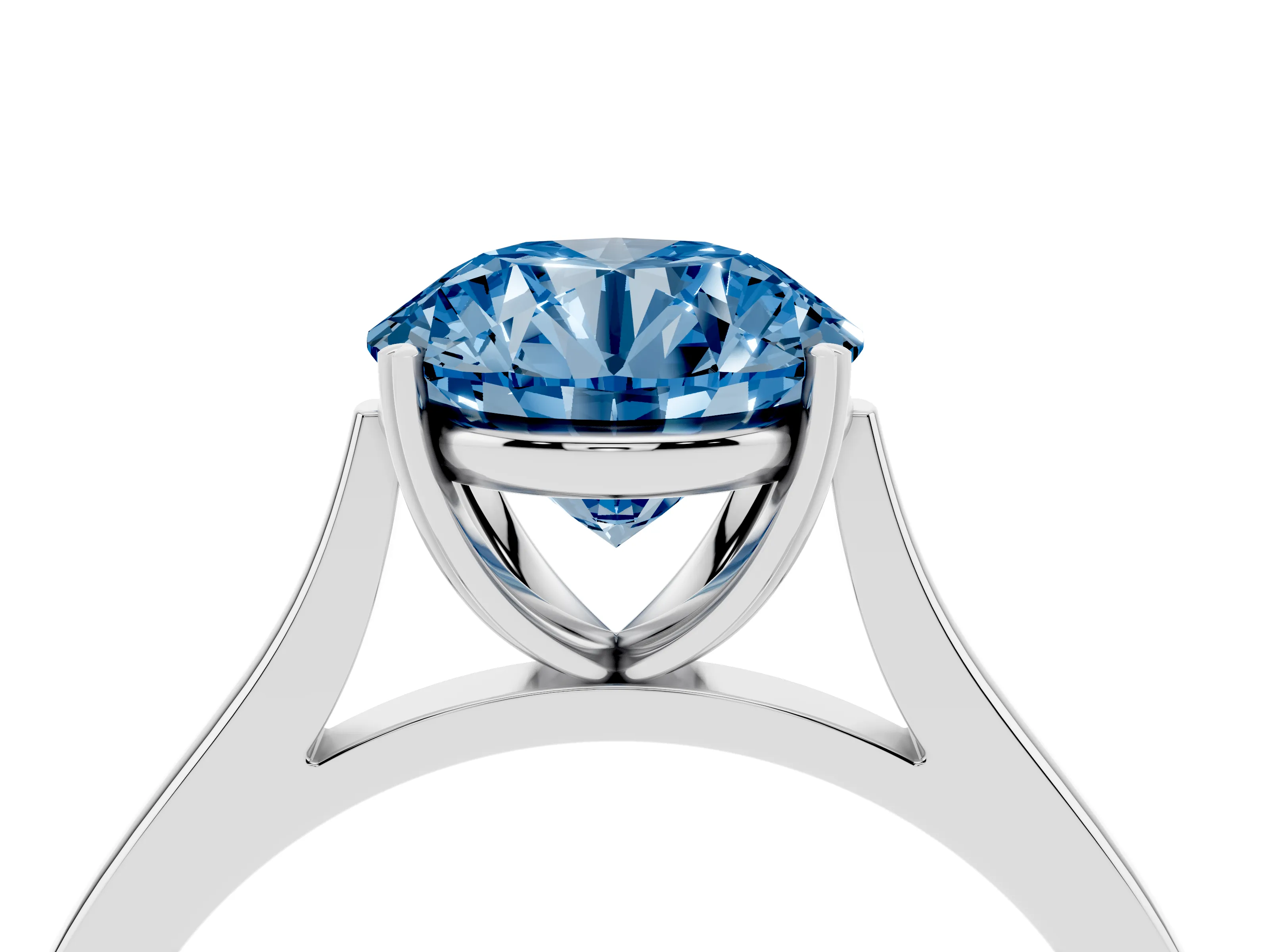 Fancy Blue Round Cut Diamond Solitaire Heart Prong Engagement Ring Set in Platinum with Tapered Band