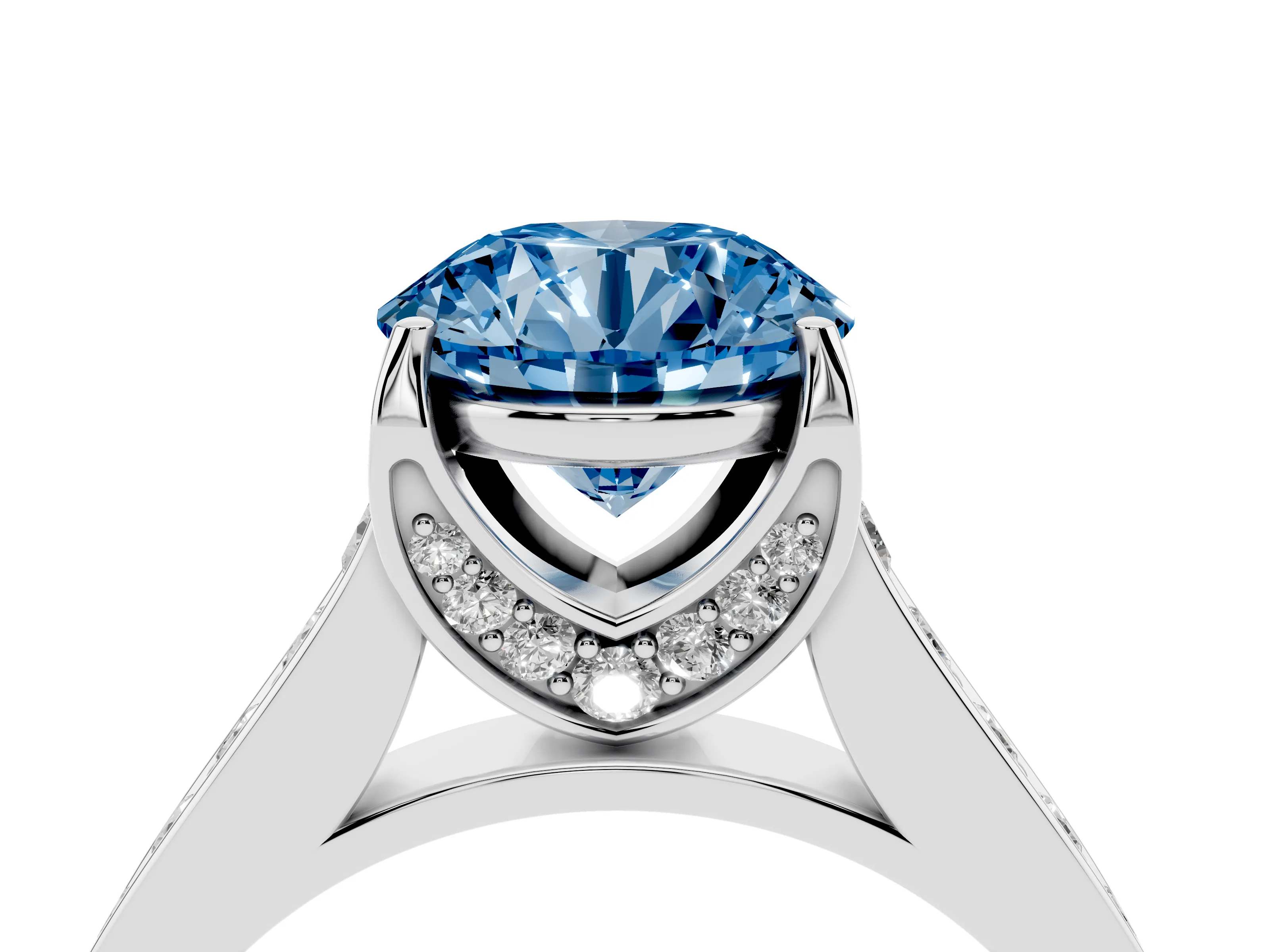 Fancy Blue Round Cut Diamond Solitaire Pavé Engagement Ring Set in Silver with Prong Setting