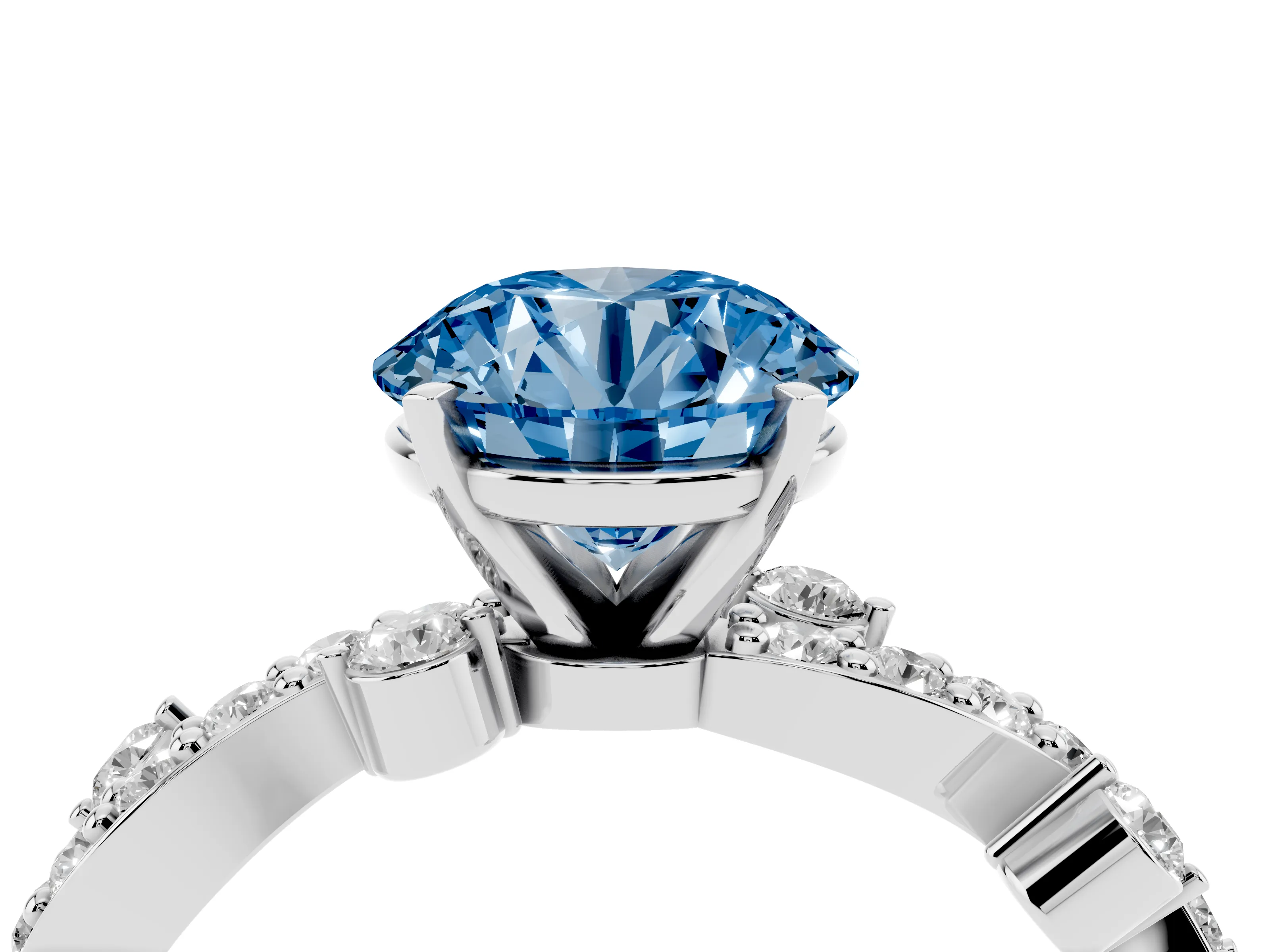 Fancy Blue Round Cut Diamond Solitaire Twisted Band Set in Platinum with Pavé Setting