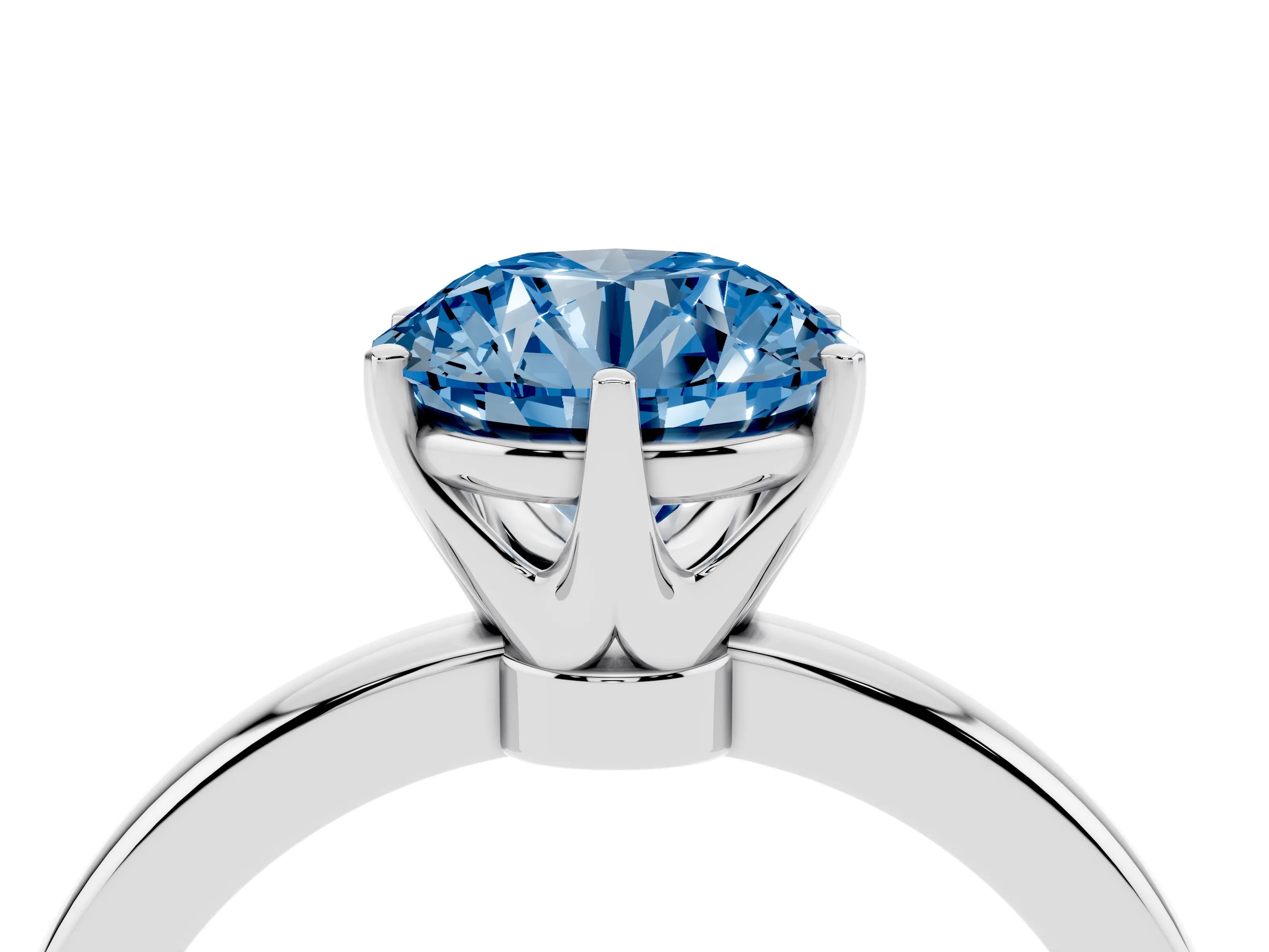 Fancy Blue Round Cut Diamond Solitaire Ring Set in White gold with Raised Prong Setting on a Classic Band