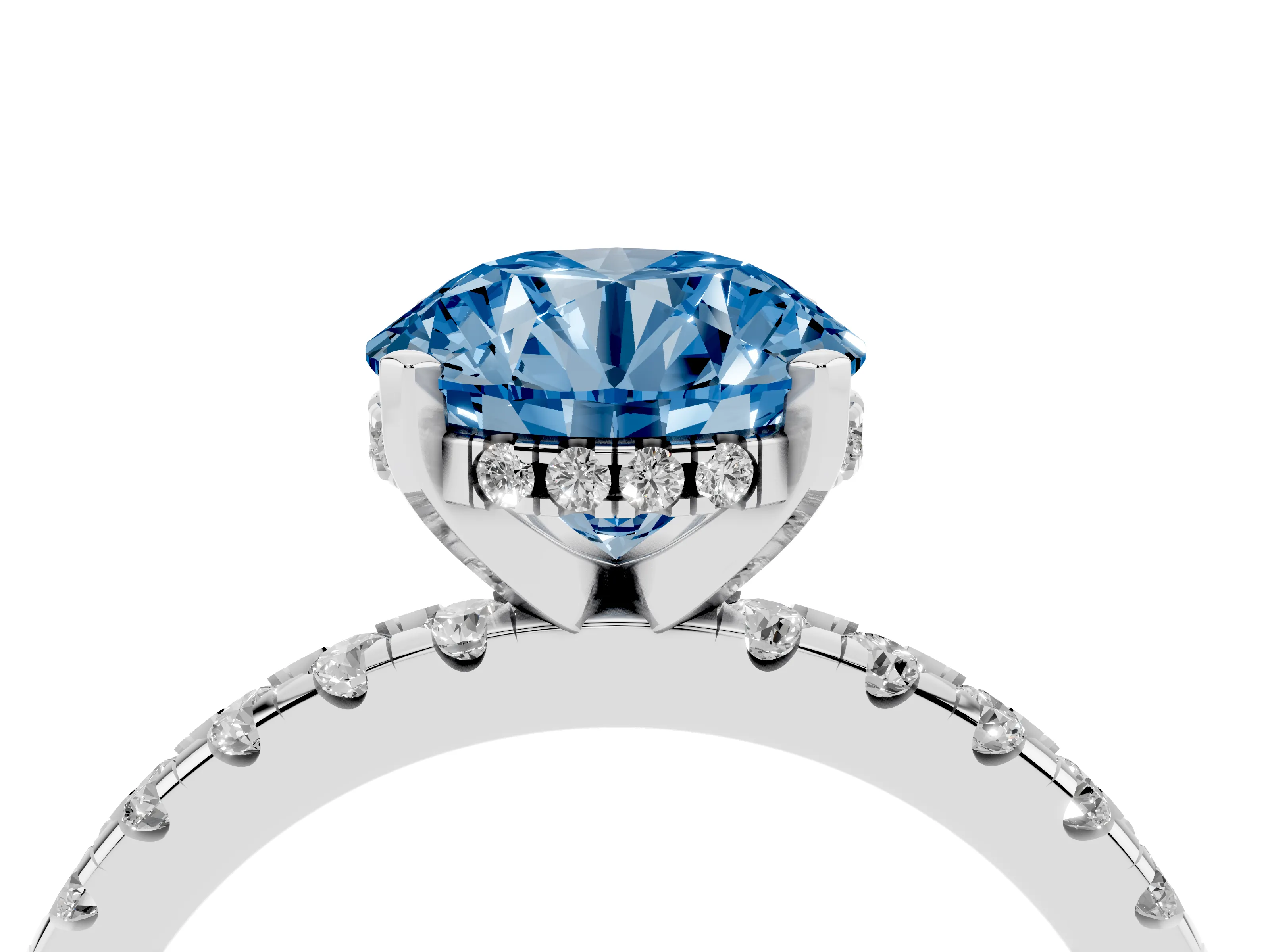 Fancy Blue Round Cut Diamond Pavé Solitaire Ring Set in Platinum with Round Band Accents and Prong Setting