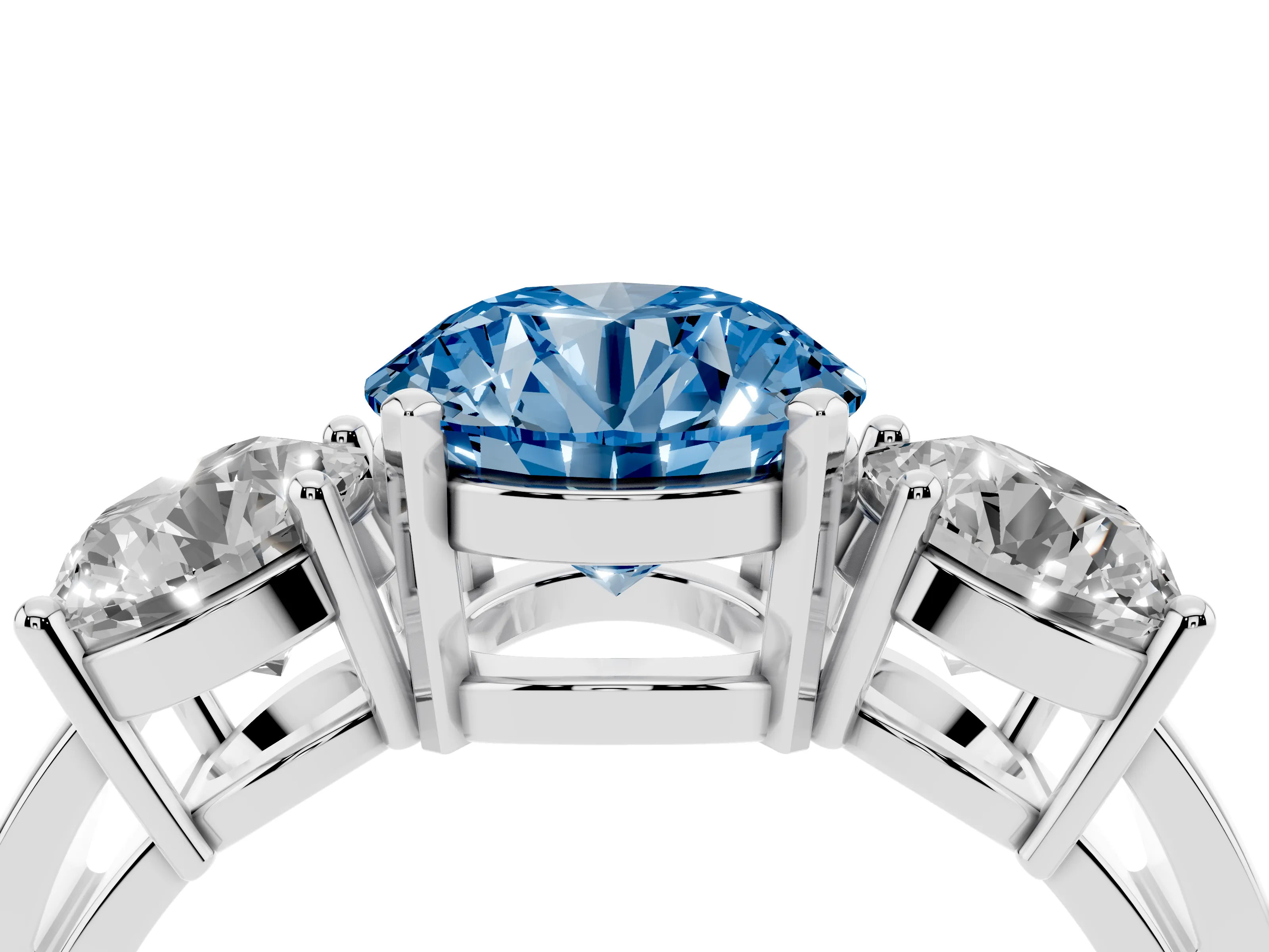 Fancy Blue Round Cut Diamond Three-Stone Ring Set in White gold with Round Side Stones and Classic Band