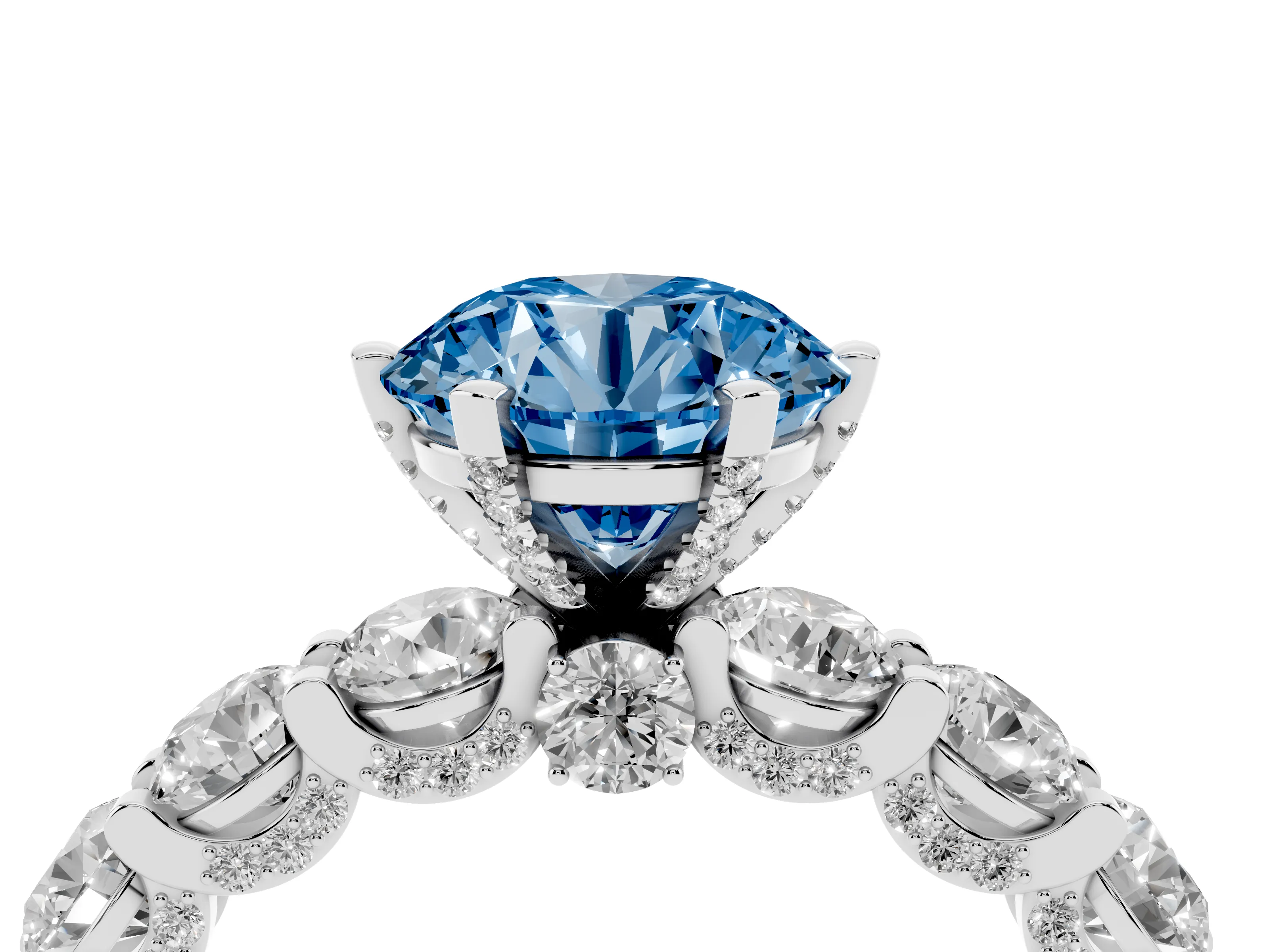 Fancy Blue Round Cut Diamond Side Stone Ring Set in White gold with Alternating Round and Oval Side Stones