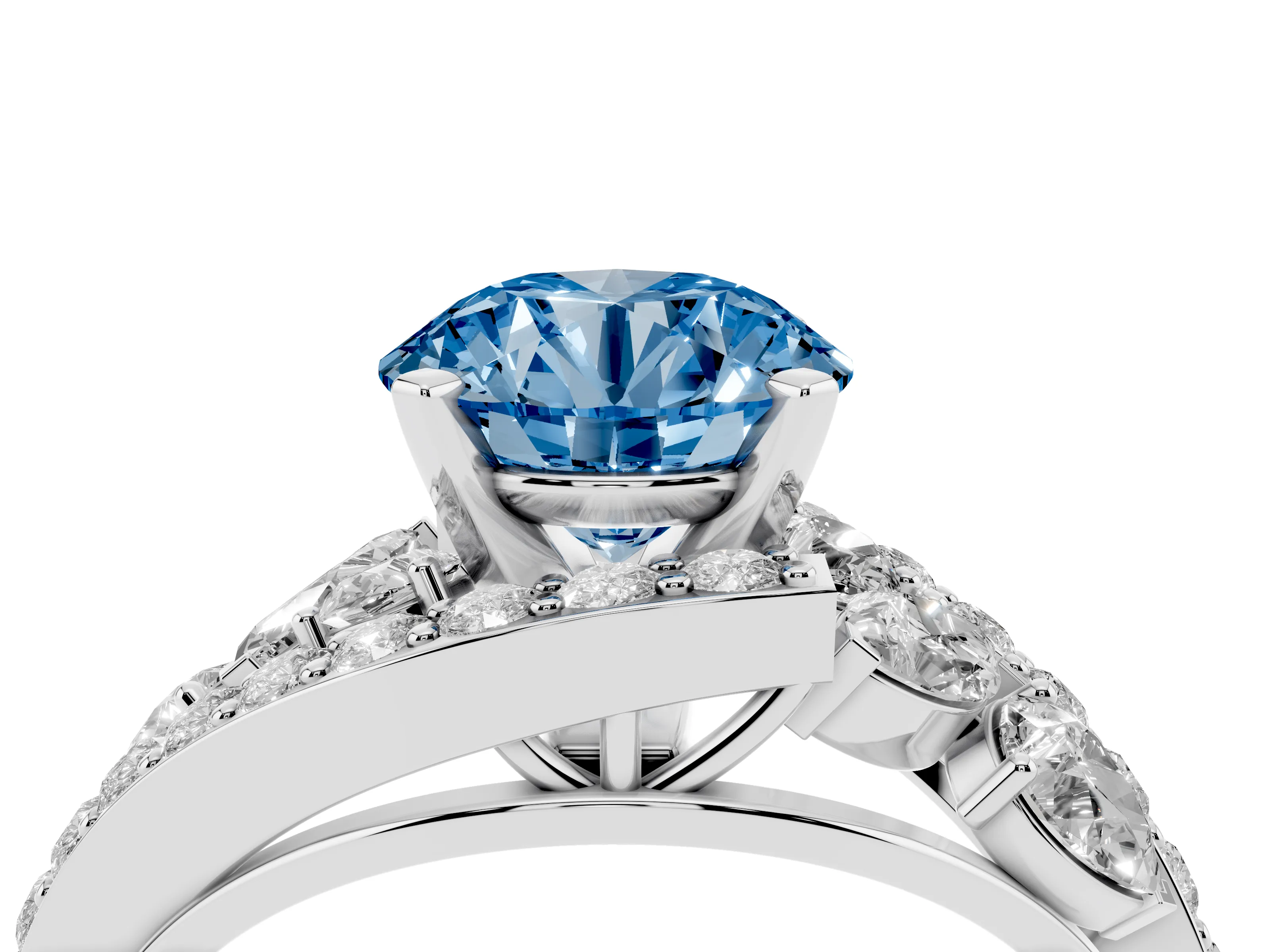 Fancy Blue Round Cut Diamond Halo Ring Set in Platinum with Marquise and Pavé Band in Prong Setting