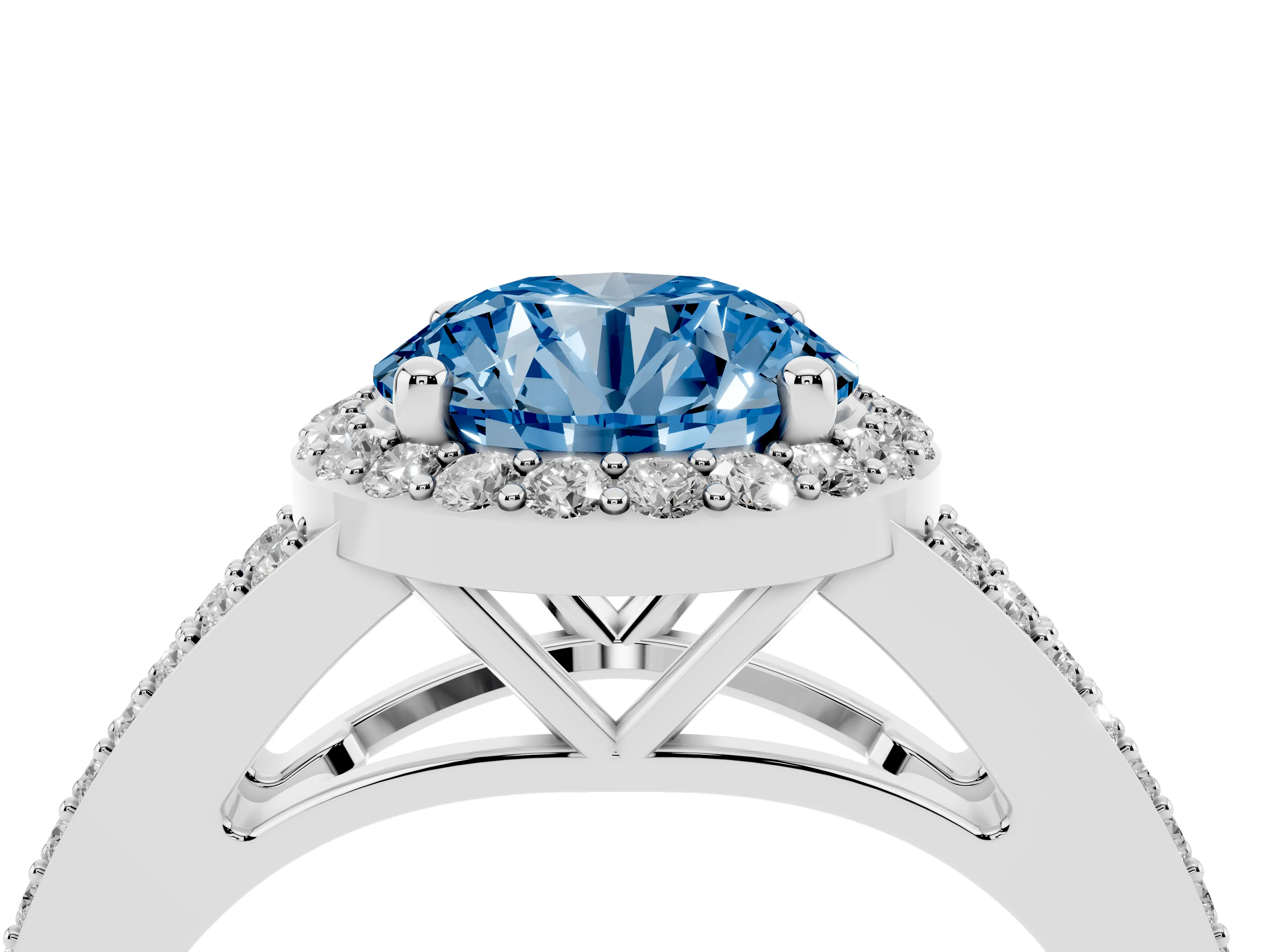 Fancy Blue Round Cut Diamond Halo Split Shank Pavé Ring Set in White gold with Prong Setting