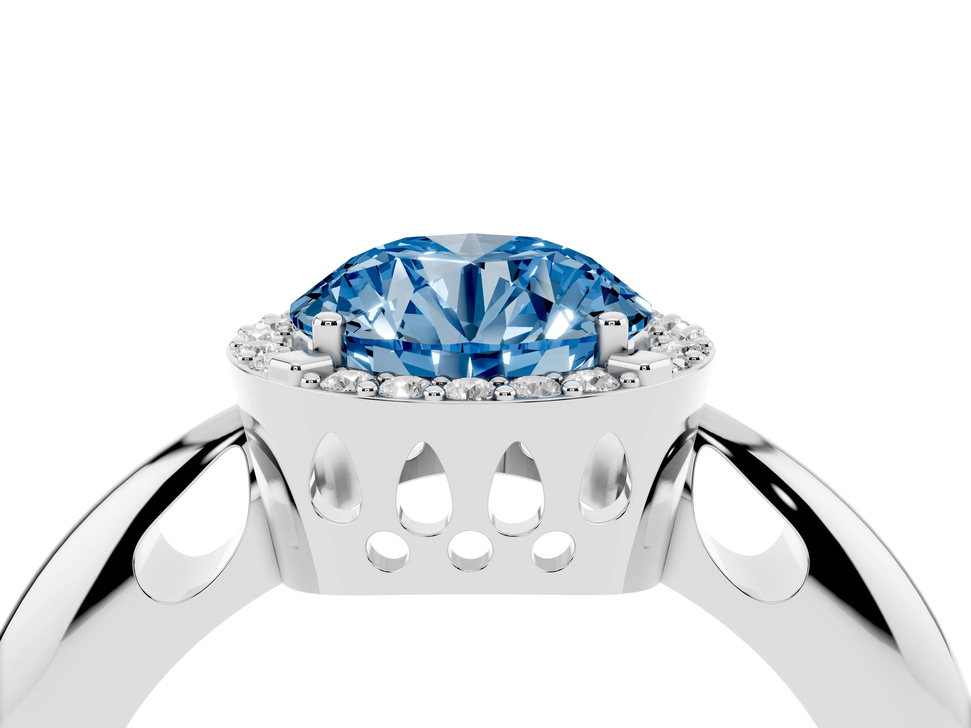 Fancy Blue Round Cut Diamond Halo Engagement Ring Set in Silver with Plain Split Shank and Prong Setting