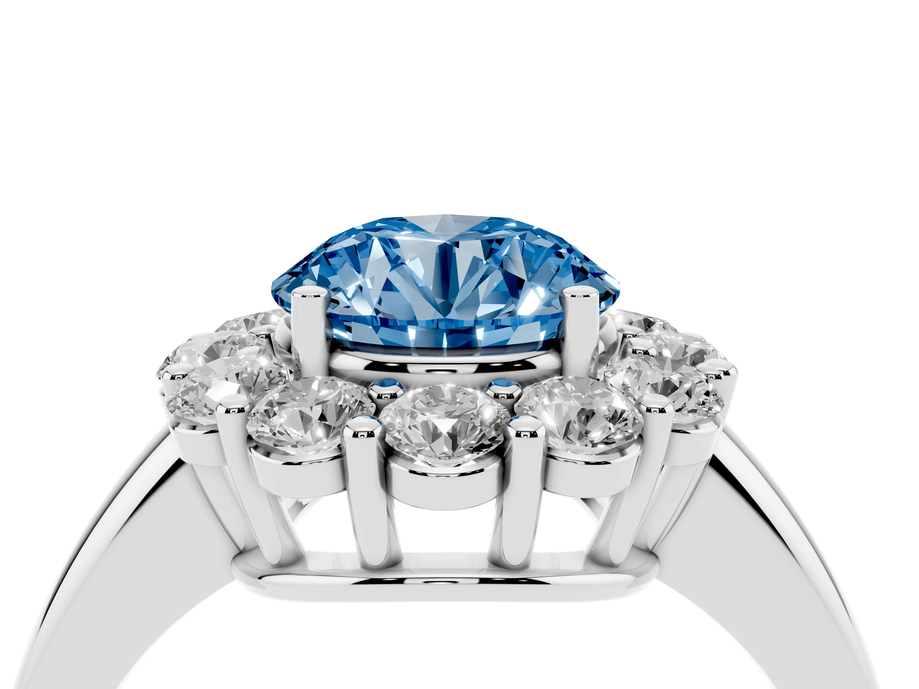 Fancy Blue Round Cut Diamond Halo Cluster Engagement Ring Set in Silver with Polished Band and Prong Setting