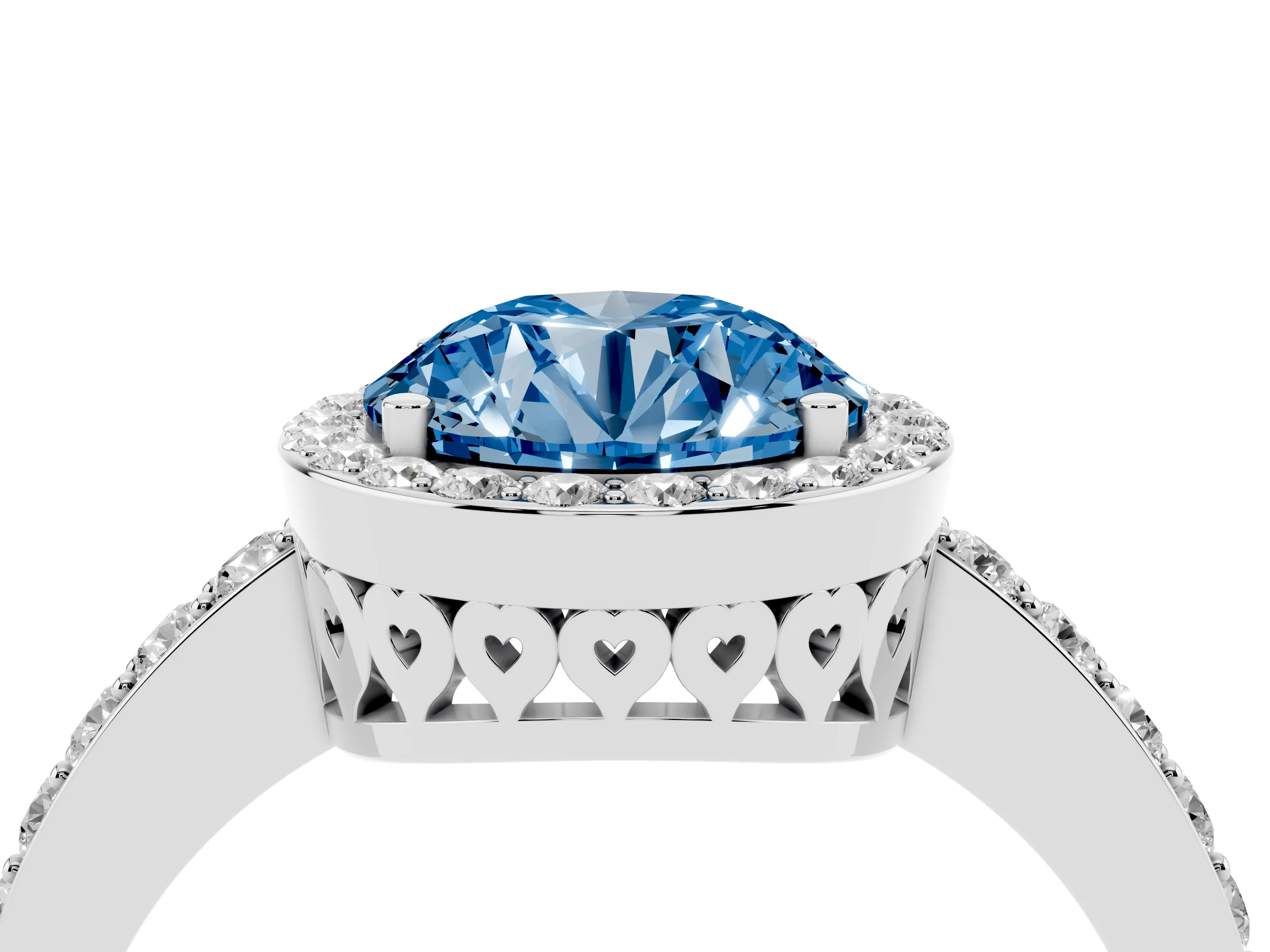 Fancy Blue Round Cut Diamond Halo Ring Set in Platinum with Pavé-Setting Band and Open Prong Center