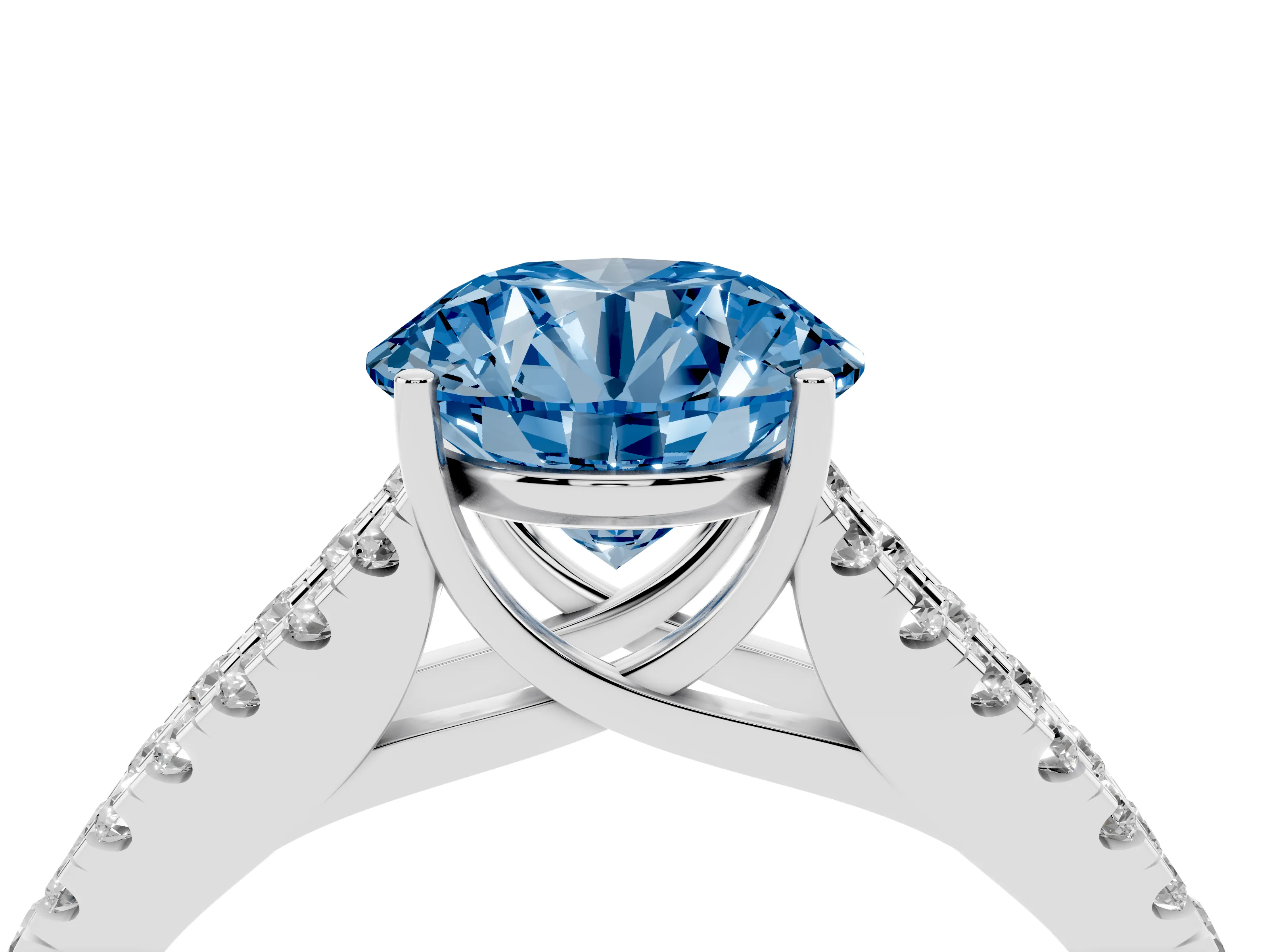 Fancy Blue Round Cut Diamond Split Shank Pavé Engagement Ring Set in Silver with Prong-Held Center Stone