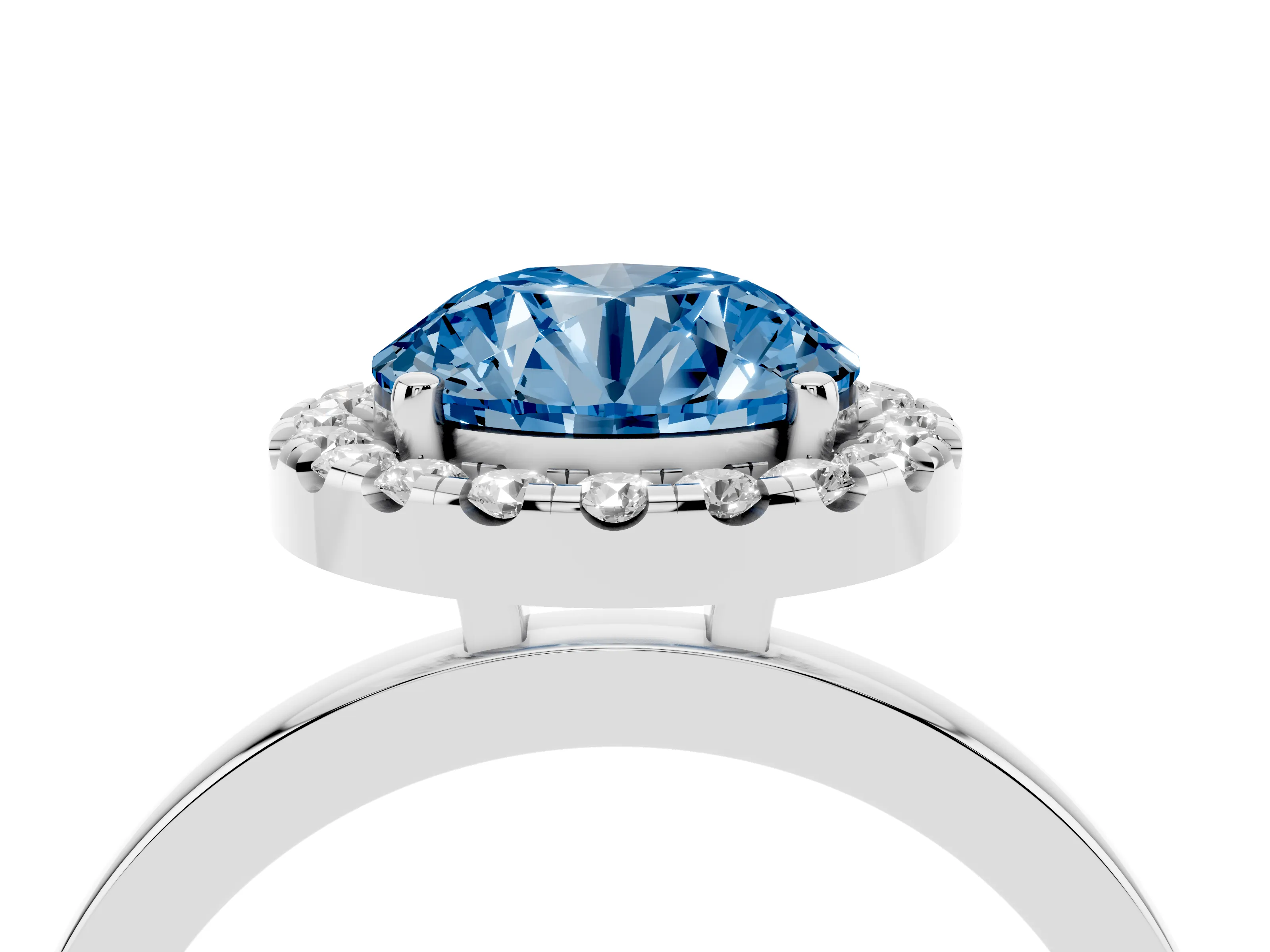 Fancy Blue Round Cut Diamond Halo Solitaire Ring Set in White gold with Pavé Band and Prong Setting