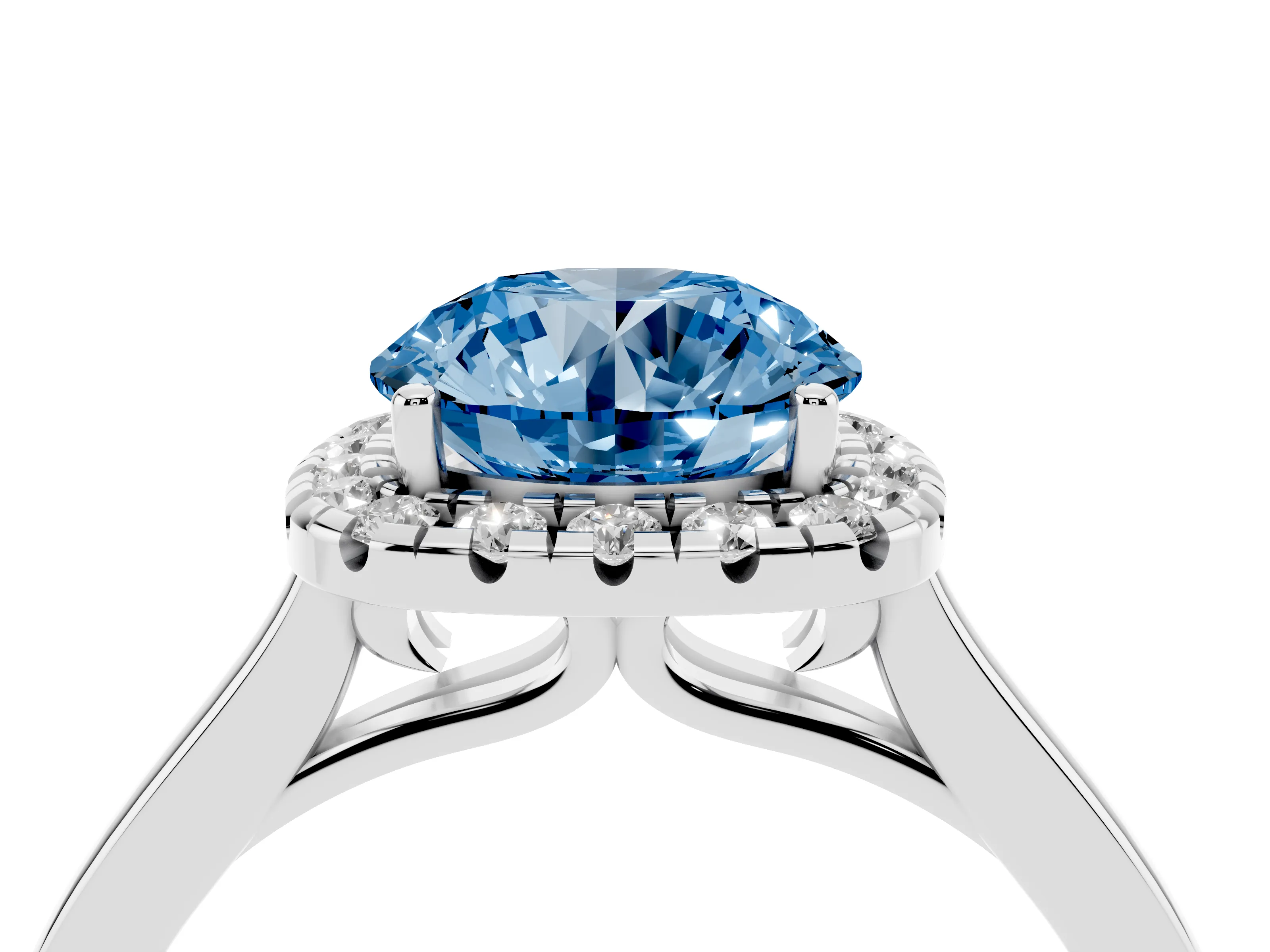 Fancy Blue Round Cut Halo Round Diamond Solitaire Ring Set in White gold with Pavé Band and Prong Setting