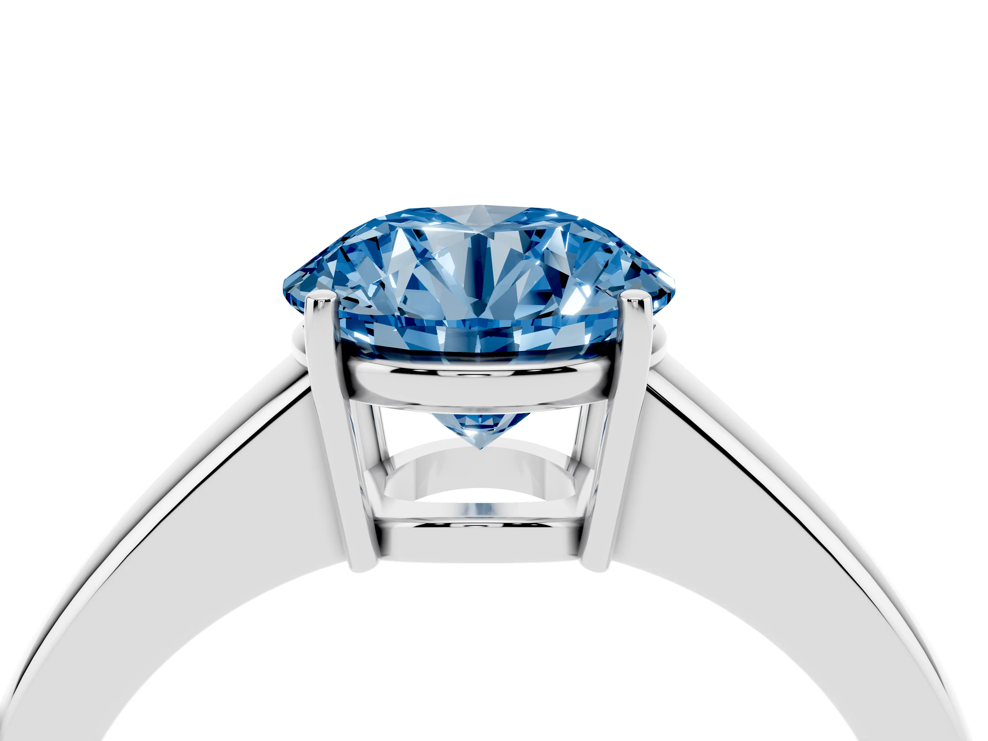 Fancy Blue Round Cut Diamond Solitaire Ring Set in Silver with Tapered Band and Prong Setting