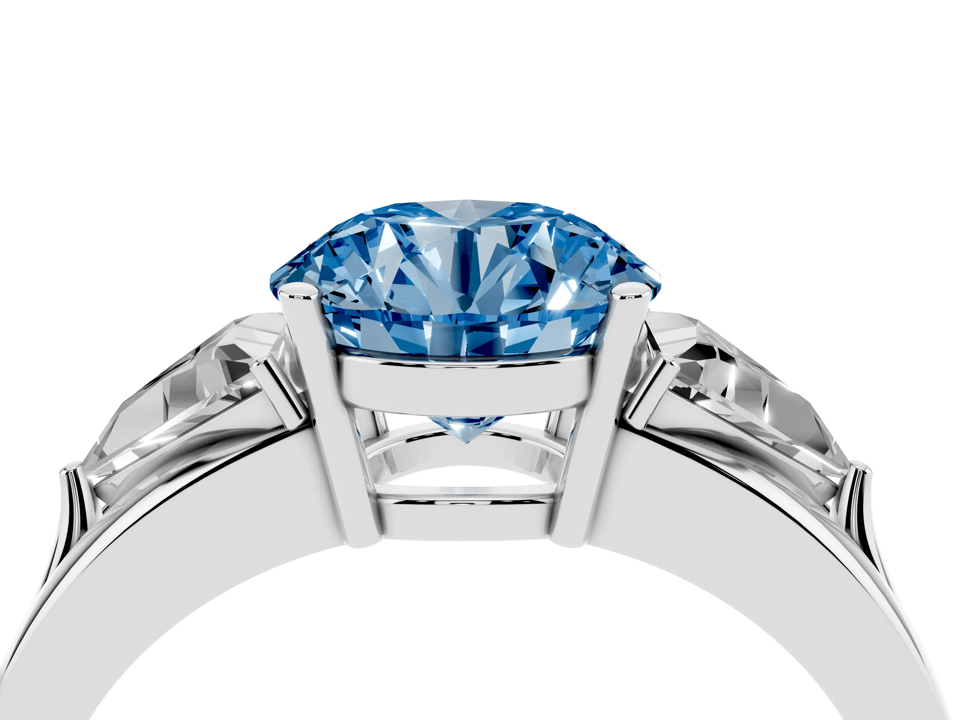 Fancy Blue Round Cut Diamond Three-Stone Ring Set in Silver with Trillion Side Stones and Split Shank