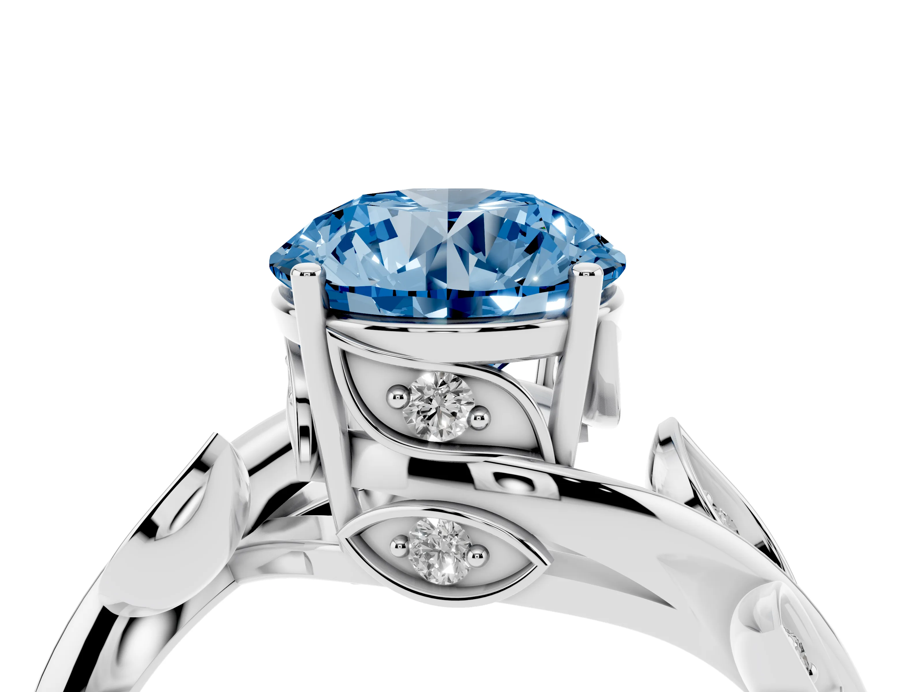 Fancy Blue Round Cut Diamond Solitaire Twist Engagement Ring Set in Silver with Pavé Leaf Accents