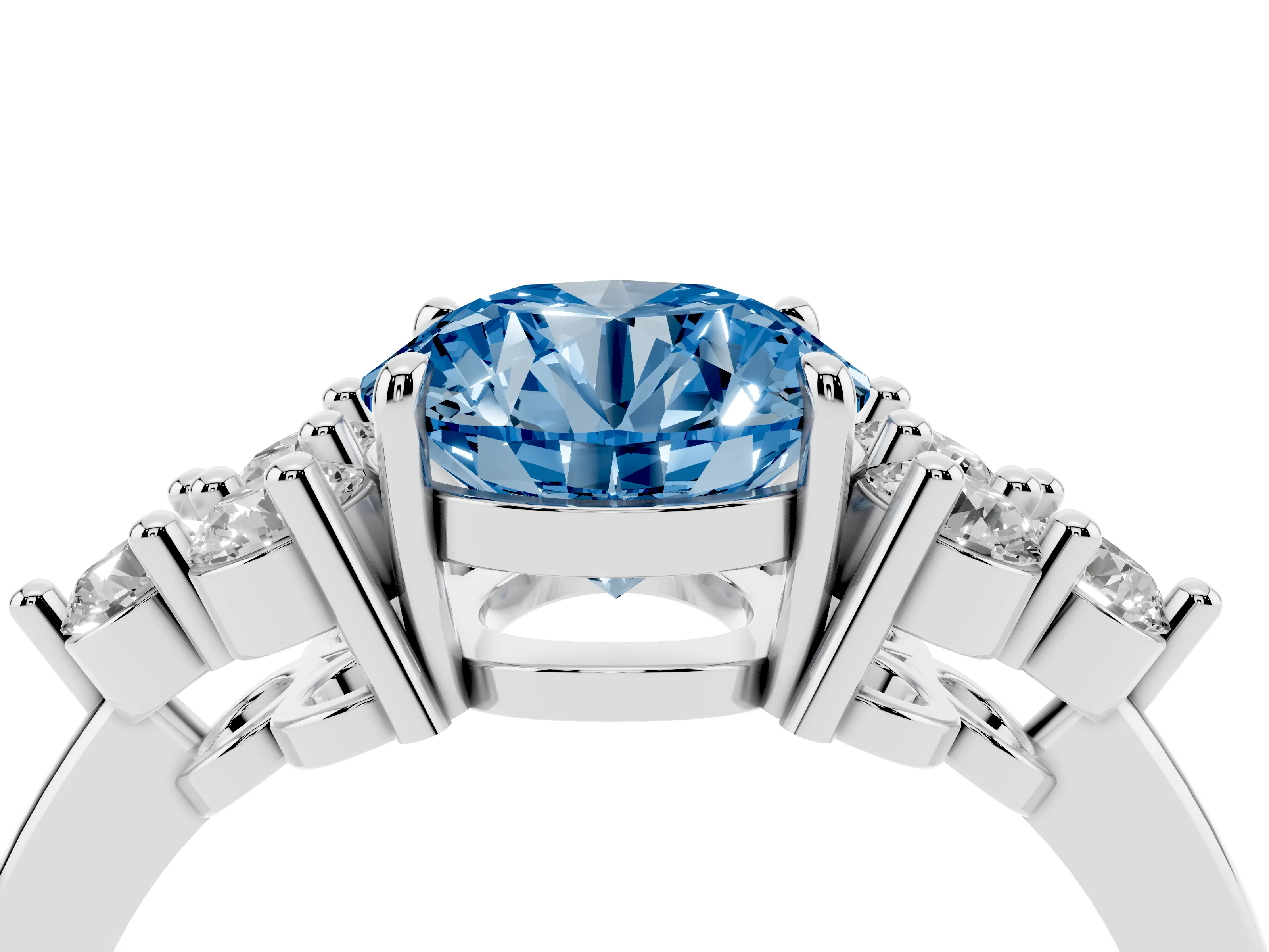Fancy Blue Round Cut Diamond Solitaire Ring Set in Silver with Cluster Accents on Each Side