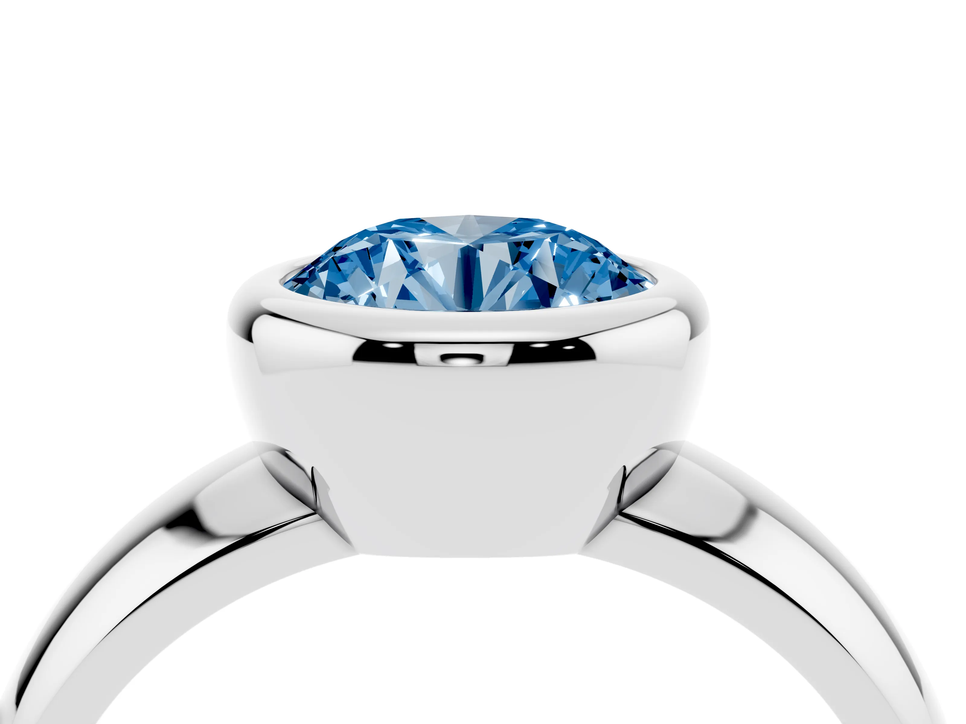 Fancy Blue Bezel Set Round Cut Diamond Solitaire Ring Set in Platinum with Wide Band