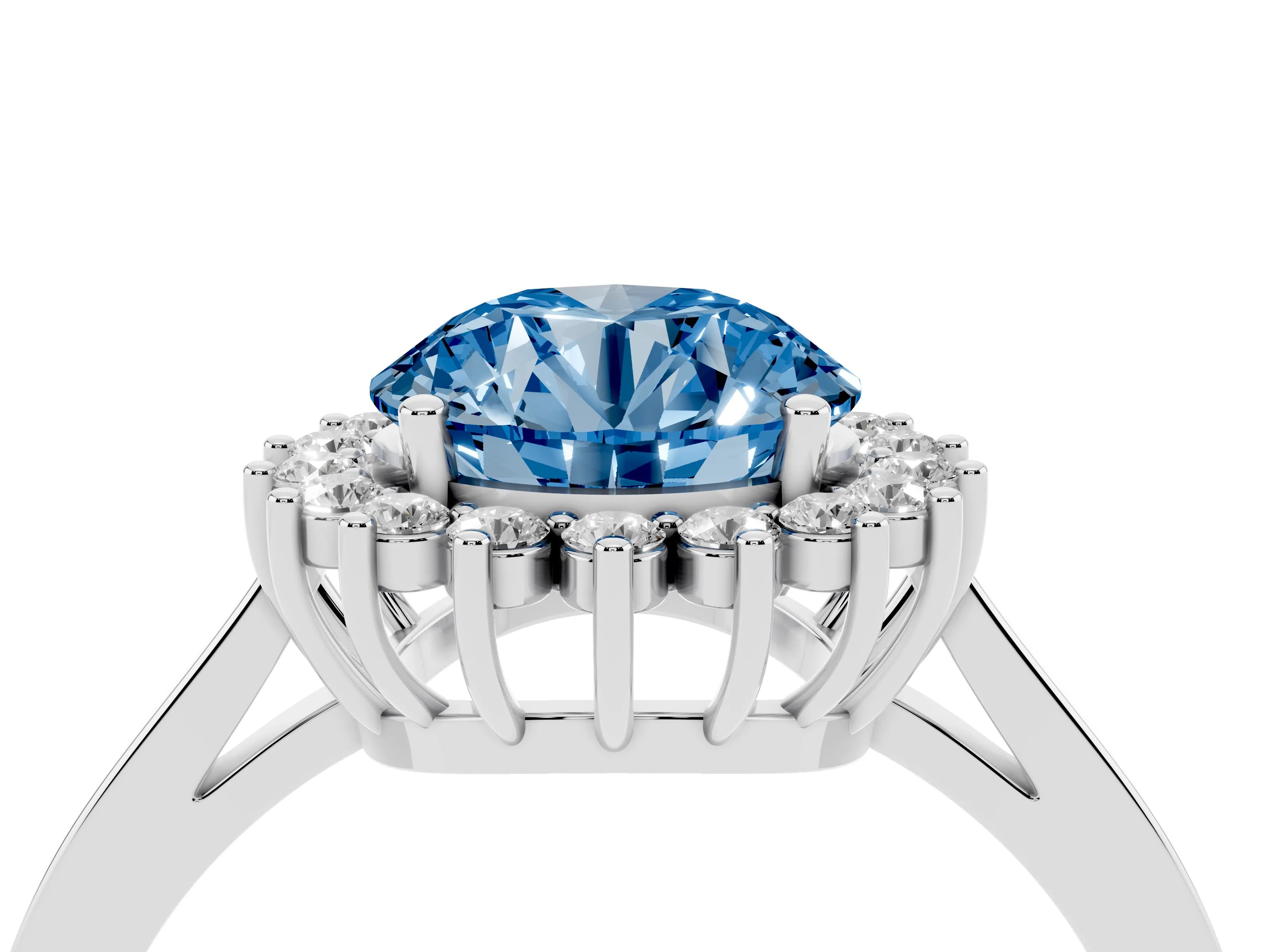Fancy Blue Round Cut Diamond Halo Ring Set in Platinum with Round Halo and Smooth Solitaire Band