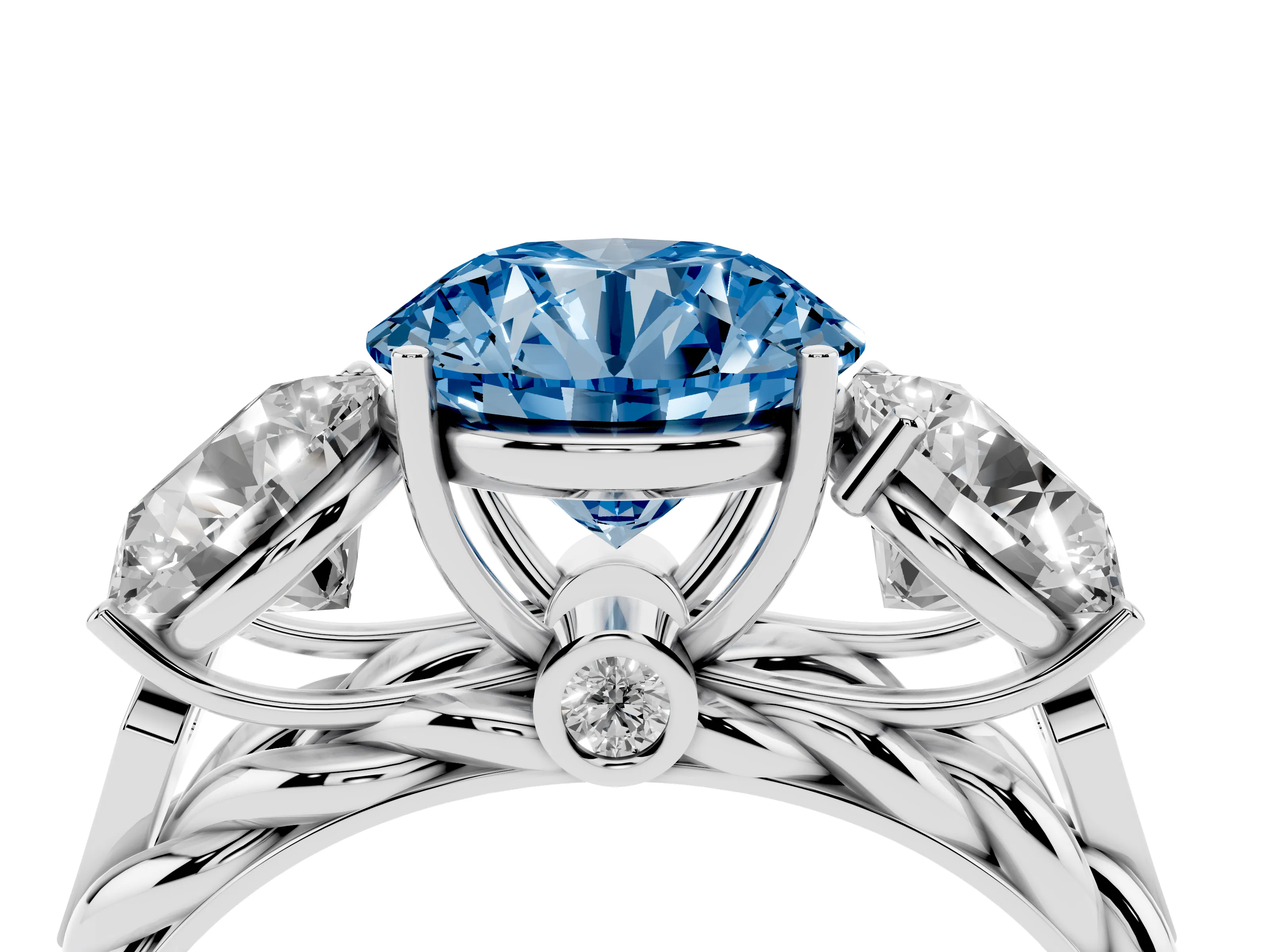Fancy Blue Round Cut Diamond Three-Stone Ring Set in Platinum with Braided Band