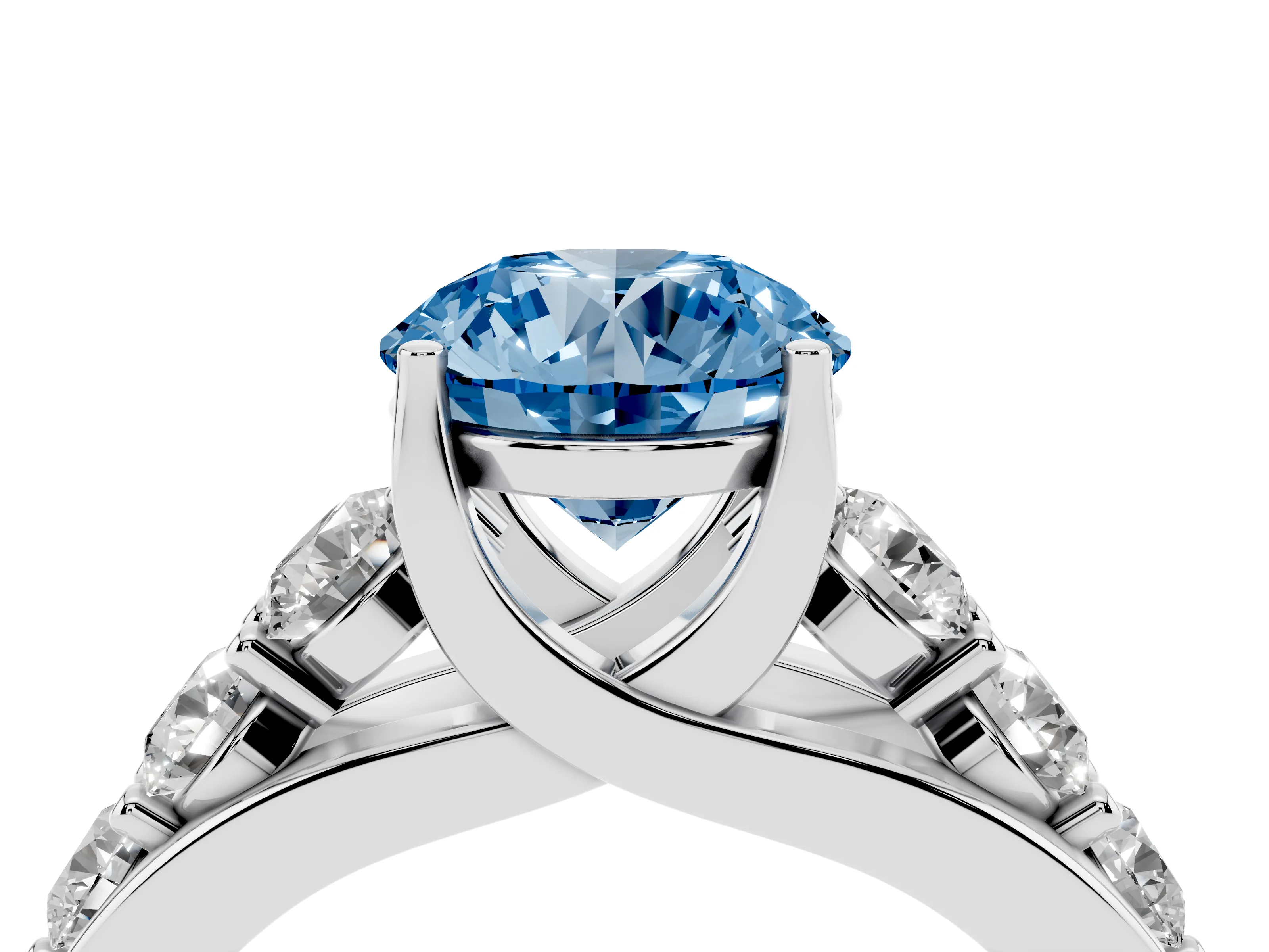 Fancy Blue Round Cut Diamond Pavé Engagement Ring Set in White gold with Prong Setting