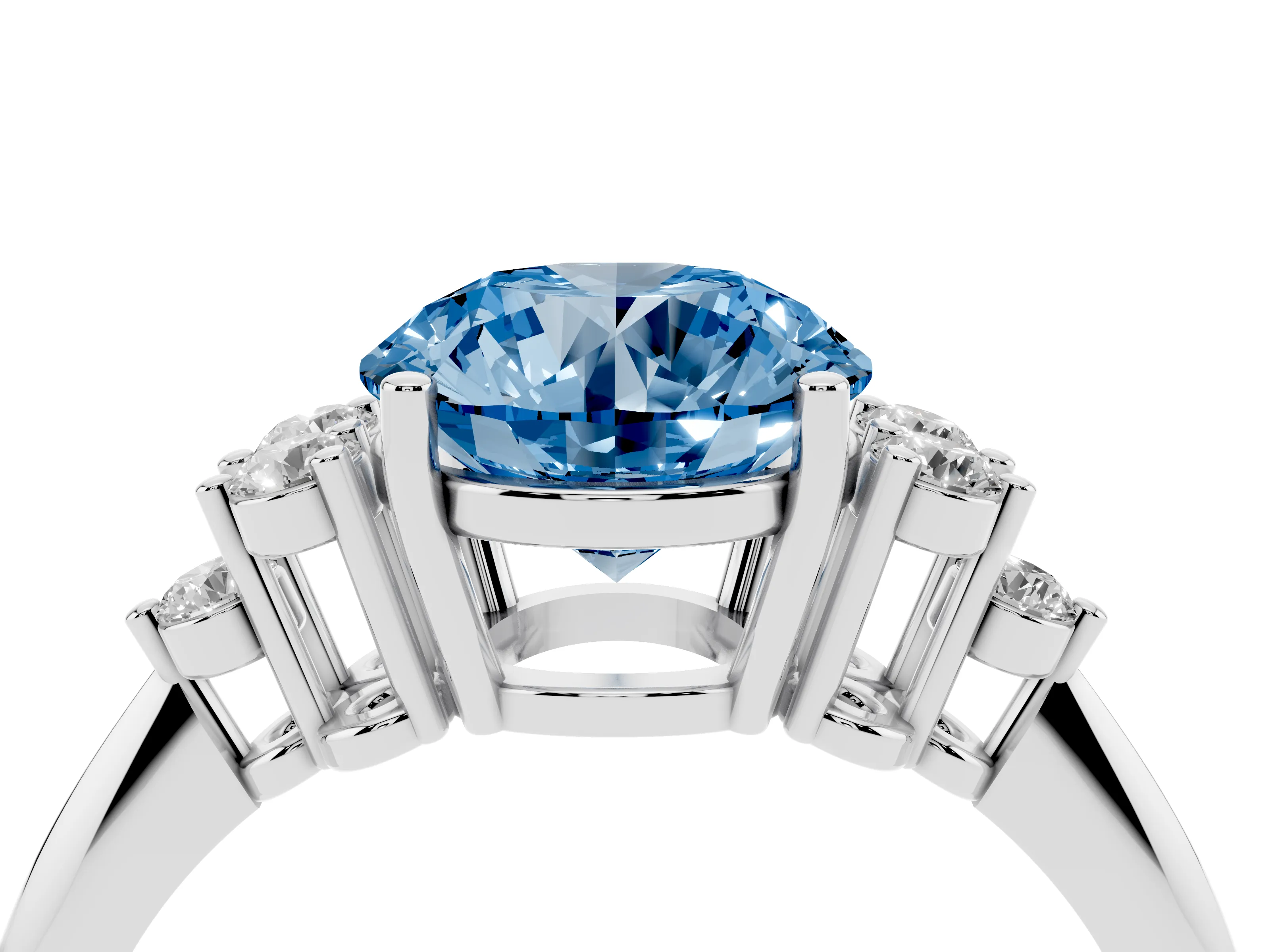 Fancy Blue Round Cut Diamond Cluster Ring Set in Silver with Plain Band and Prong Setting