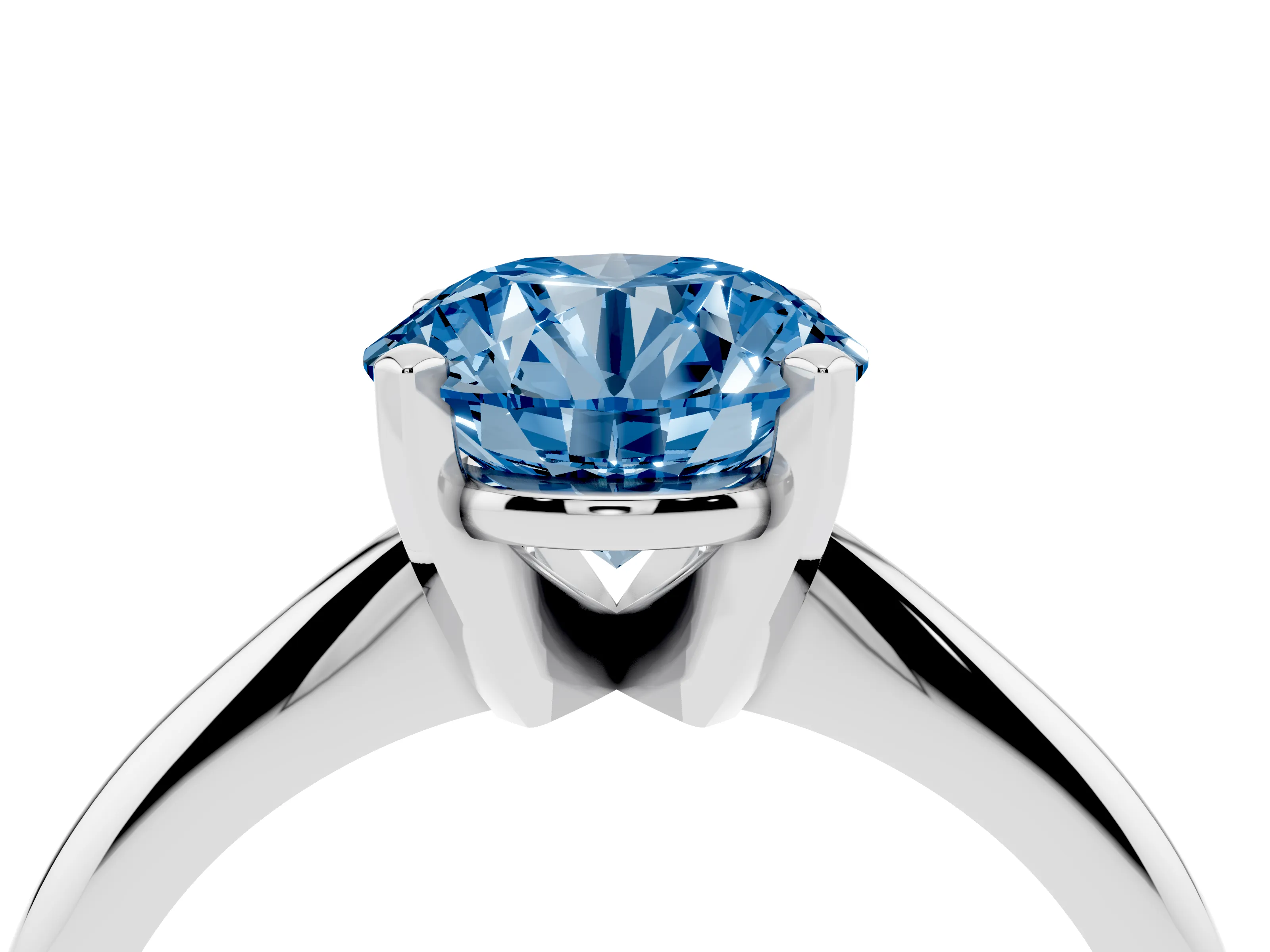 Fancy Blue Round Cut Diamond Solitaire Ring Set in Silver with Prong Setting on a Plain Round Band