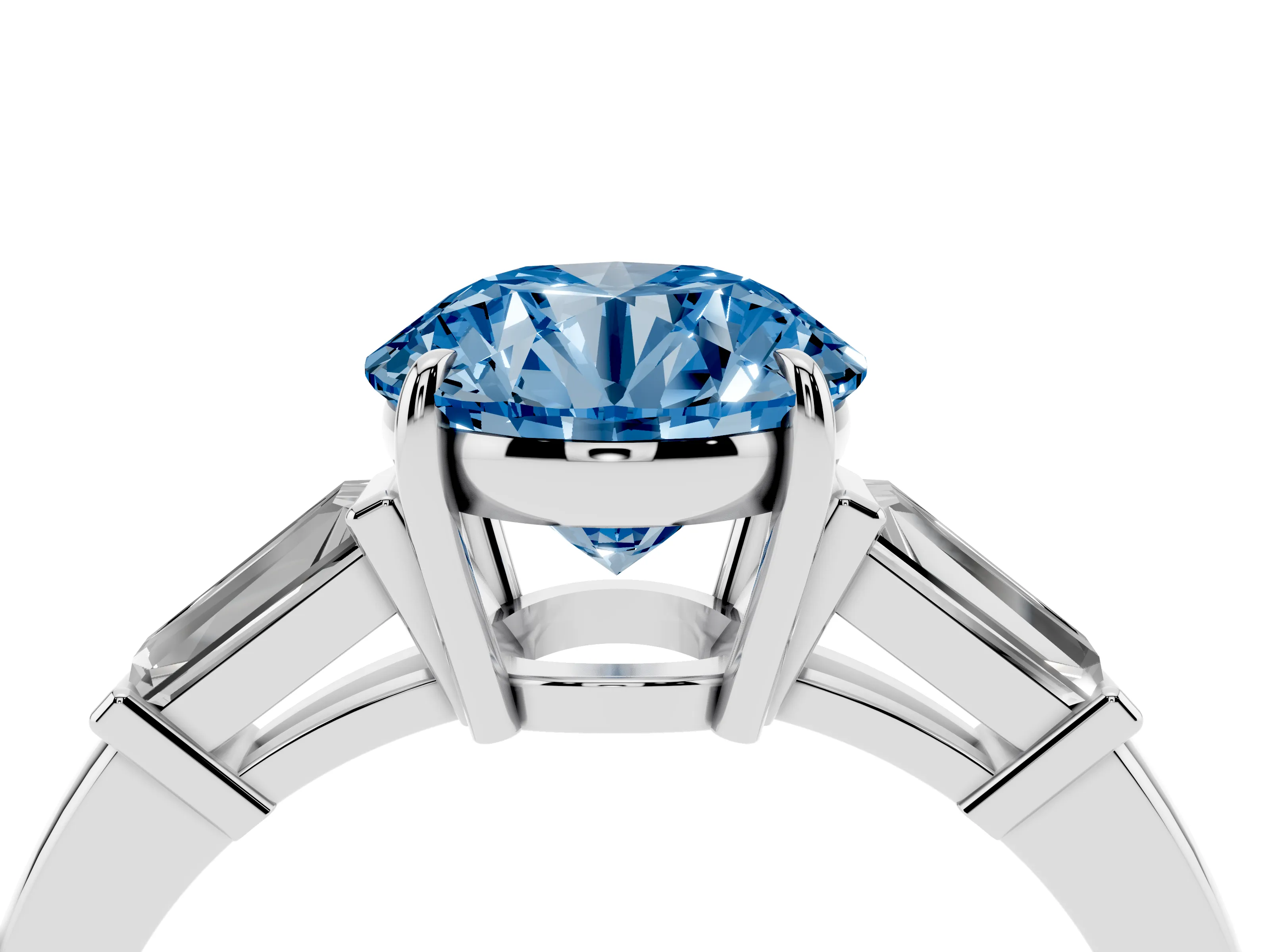 Fancy Blue Round Cut Diamond Three-Stone Ring Set in White gold with Tapered Baguette Side Stones and Prong Setting