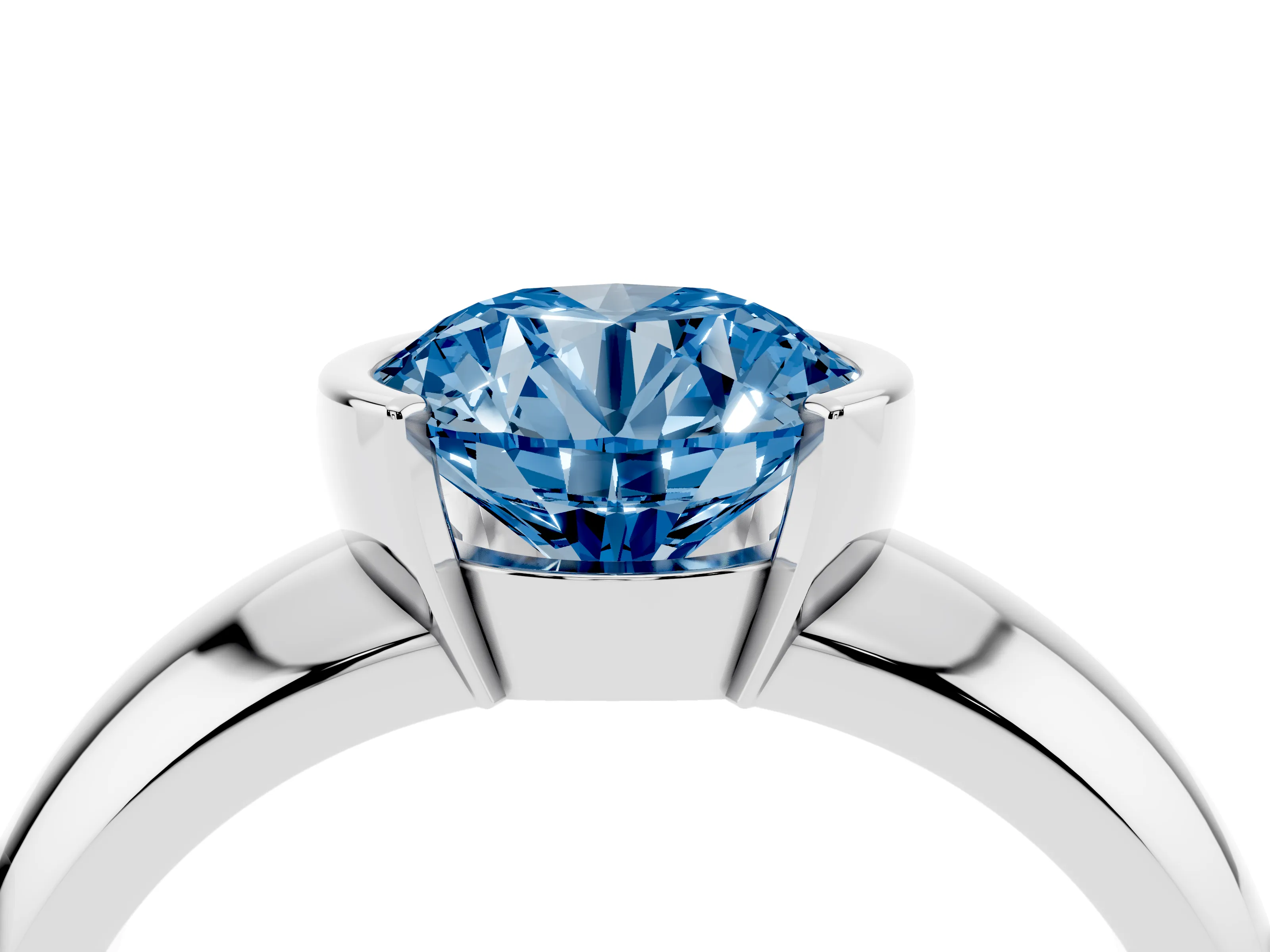 Fancy Blue Round Cut Diamond Solitaire Tension Set Ring Set in Platinum with Wide Band