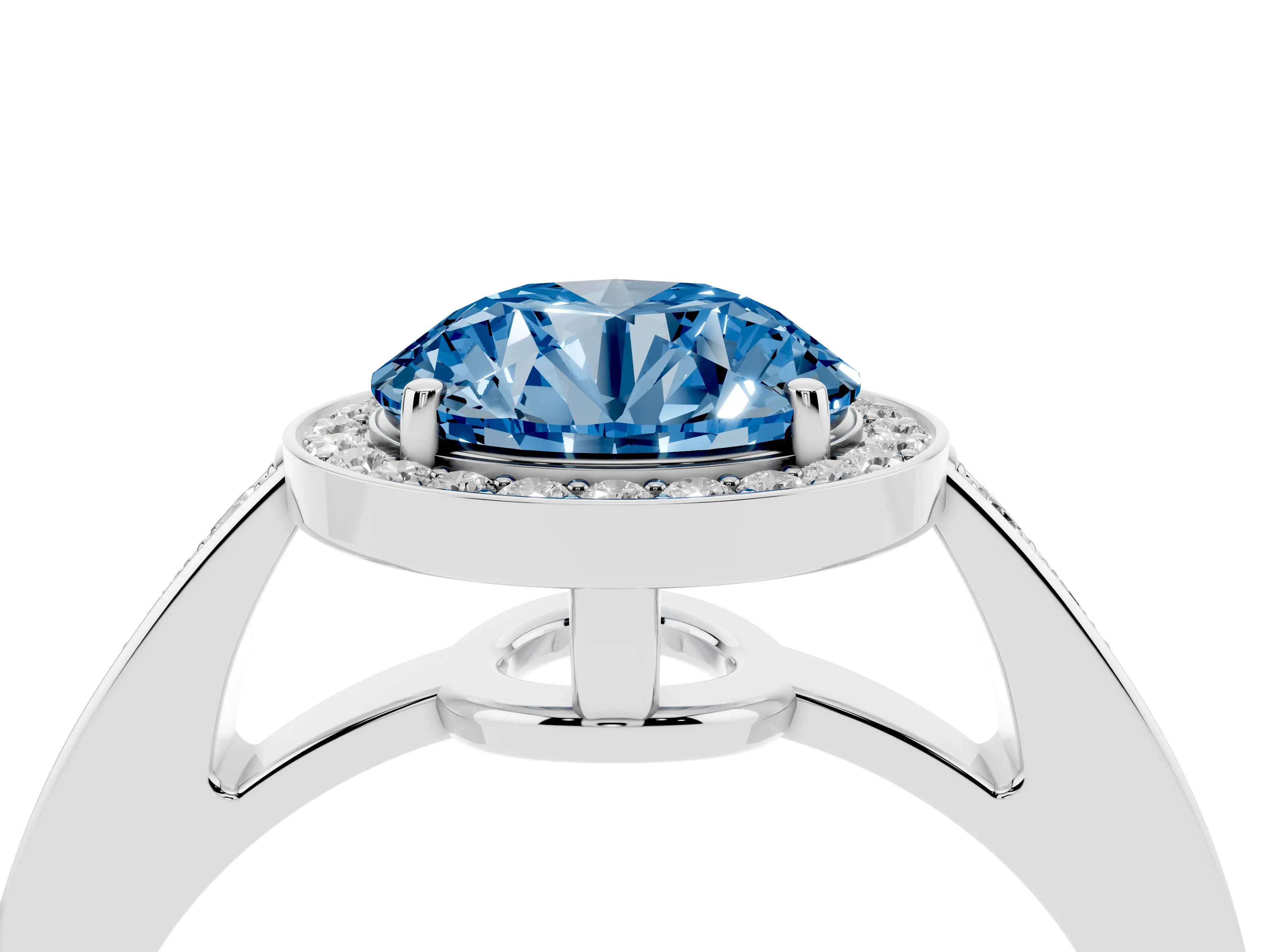 Fancy Blue Round Cut Diamond Halo Pavé Engagement Ring Set in Silver with Bezel Setting