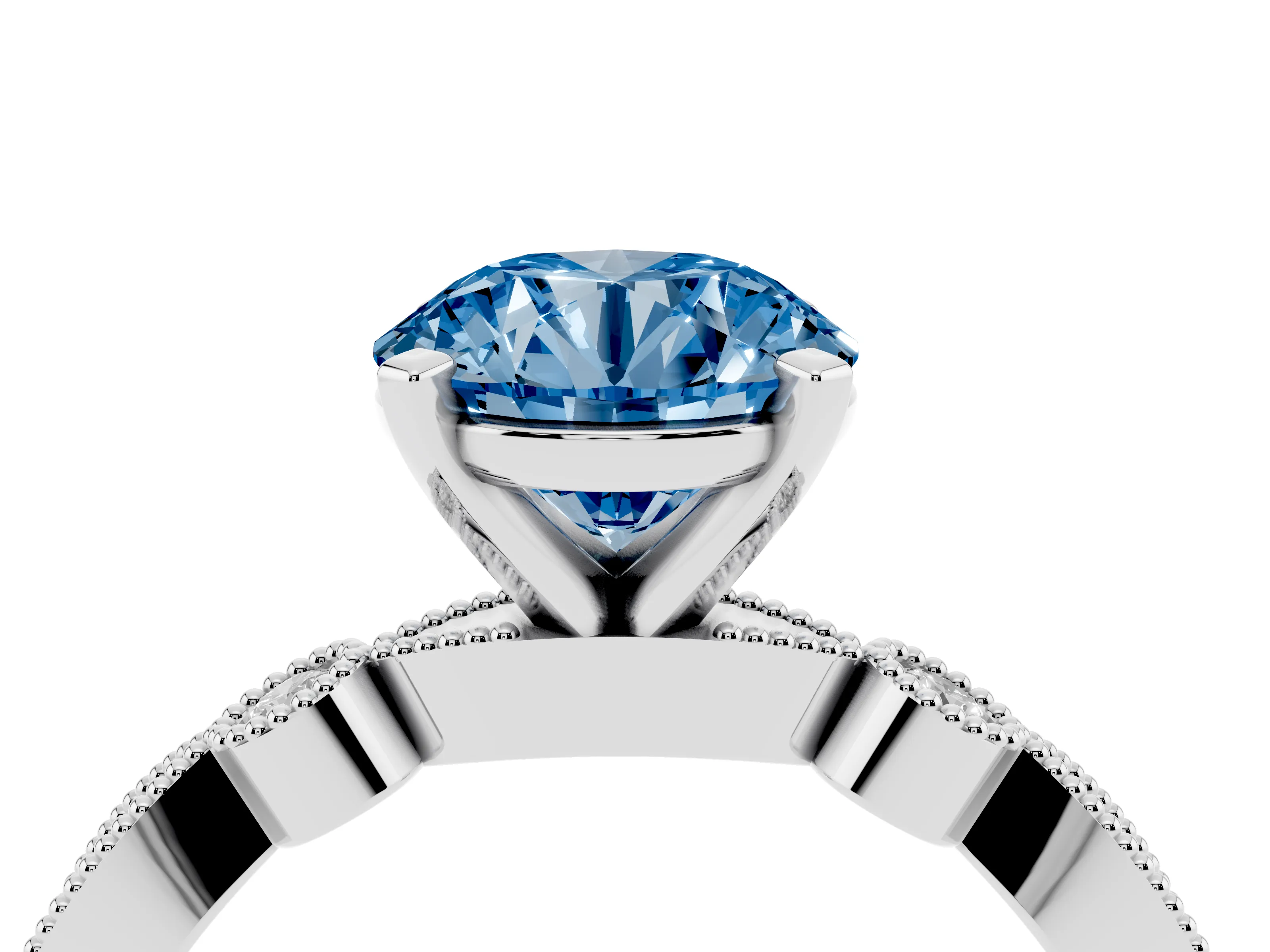 Fancy Blue Round Cut Diamond Solitaire Engagement Ring Set in Silver with Milgrain Bezel Accent Band