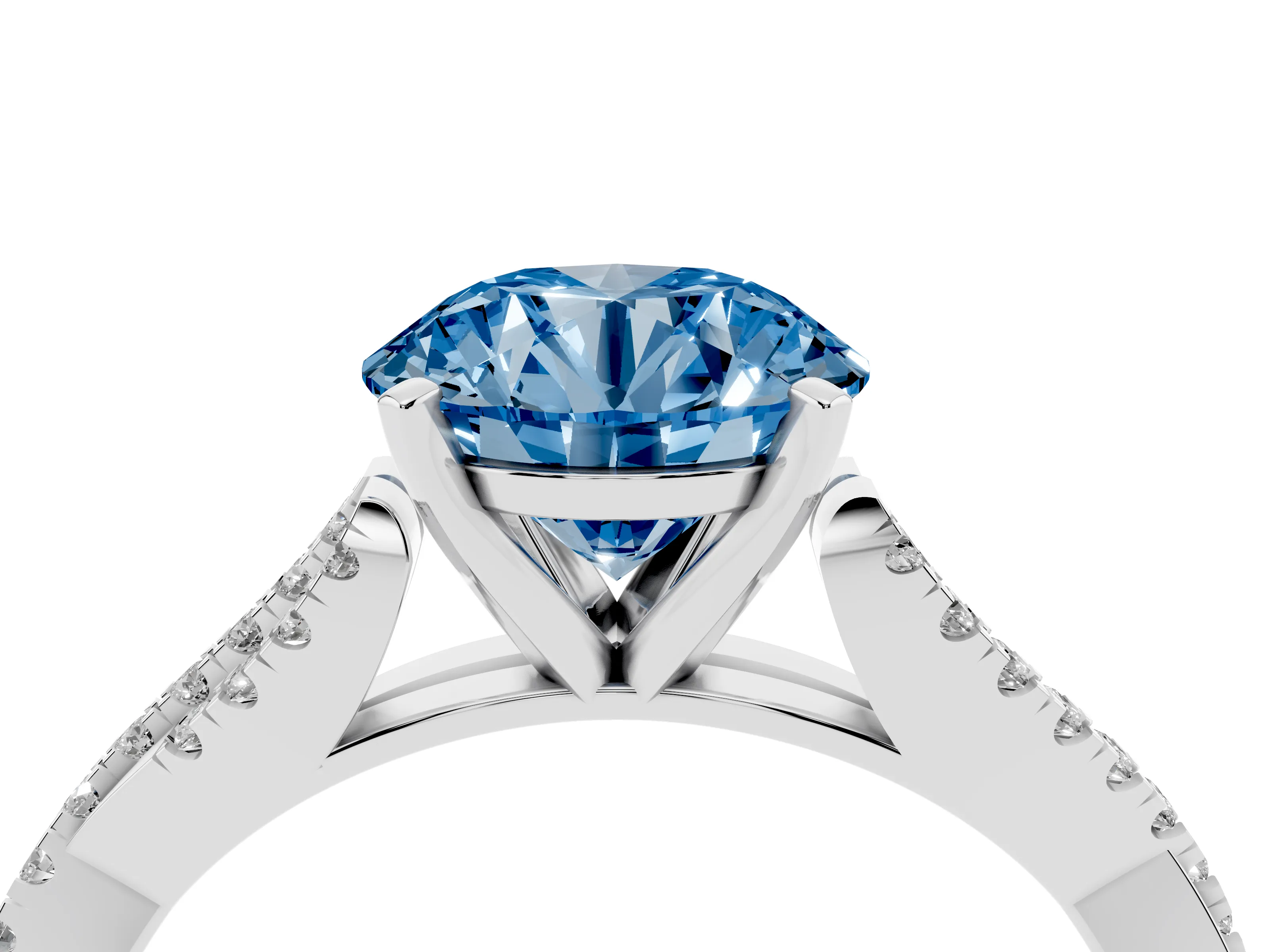 Fancy Blue Round Cut Diamond Solitaire Engagement Ring Set in Platinum with Twisted Pavé Band and Prong Setting