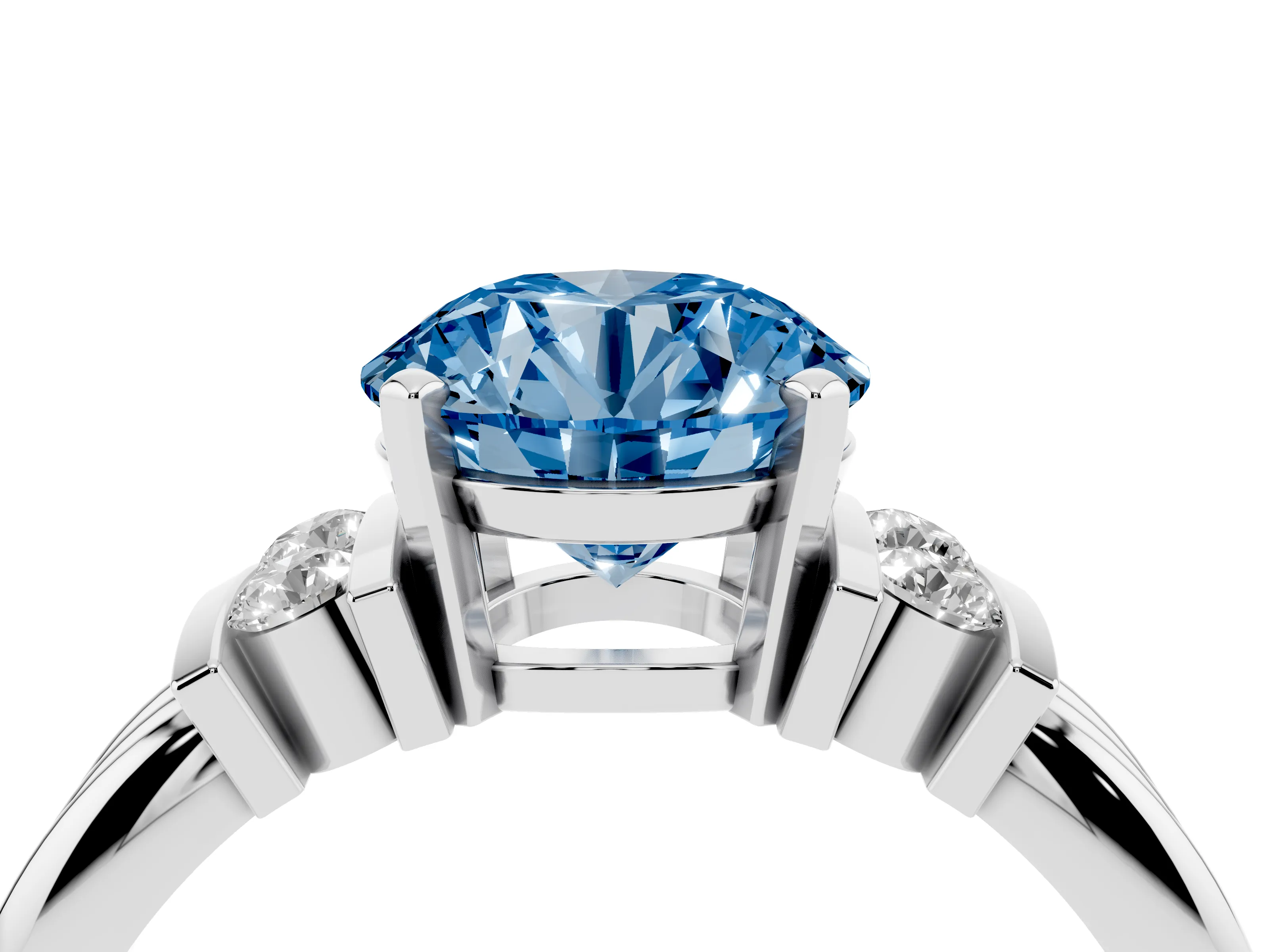 Fancy Blue Three-Stone Round Cut Diamond Channel Set Ring Set in White gold with Bar Prongs