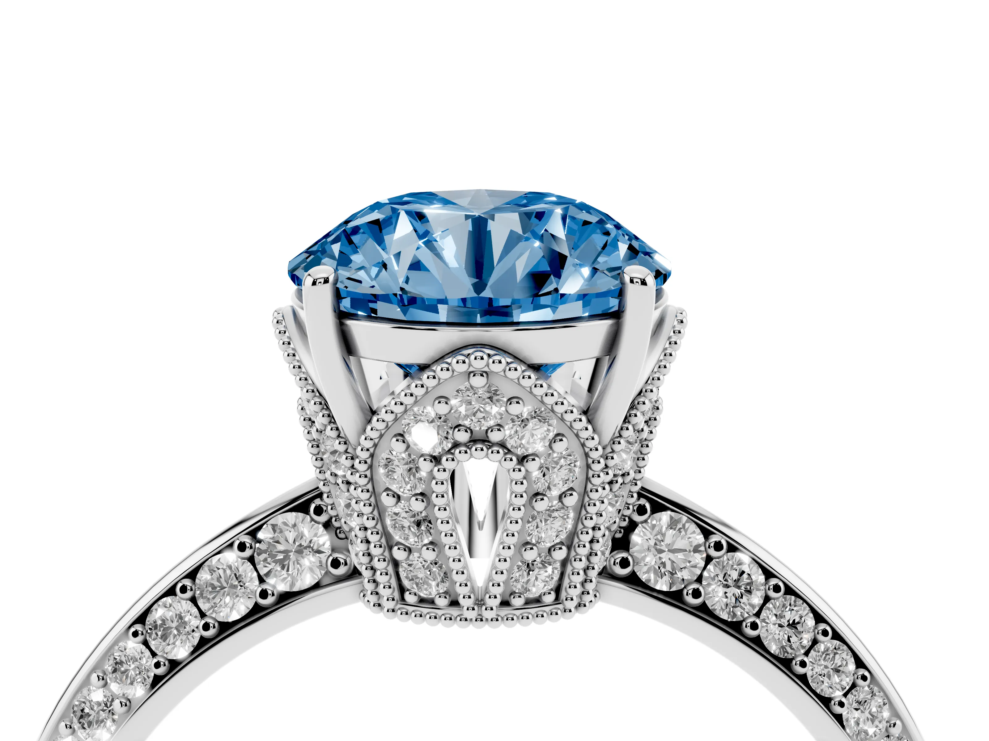 Fancy Blue Round Cut Diamond Solitaire Engagement Ring Set in Silver with Pavé Split Shank and Prong Setting