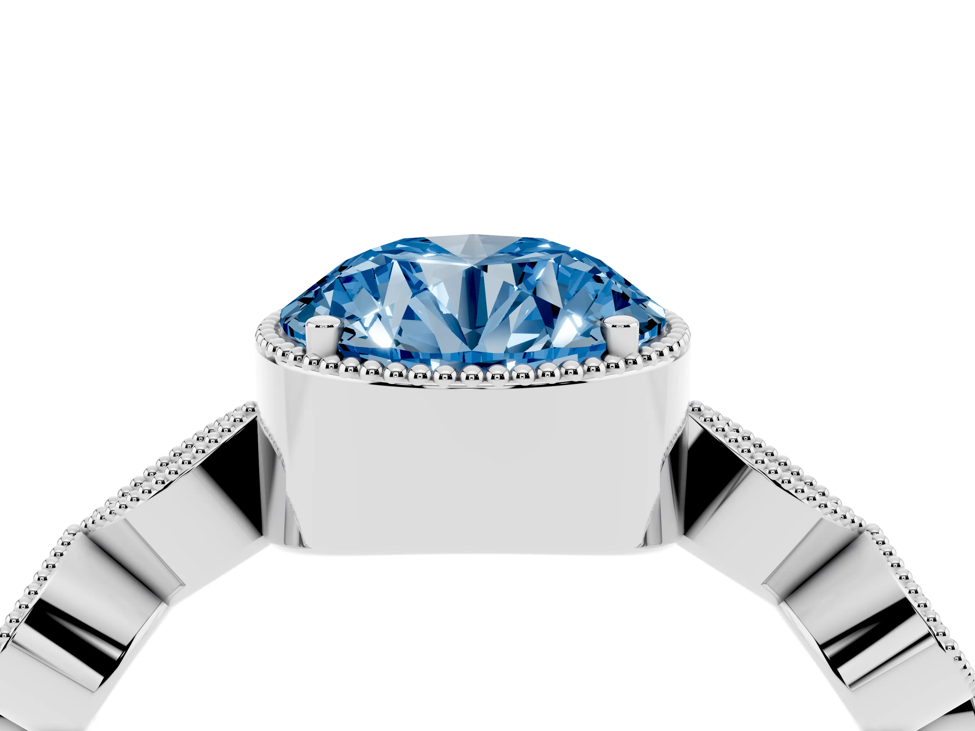 Fancy Blue Round Cut Diamond Vintage-Inspired Milgrain Ring Set in Platinum with Marquise Stations of Round Accents