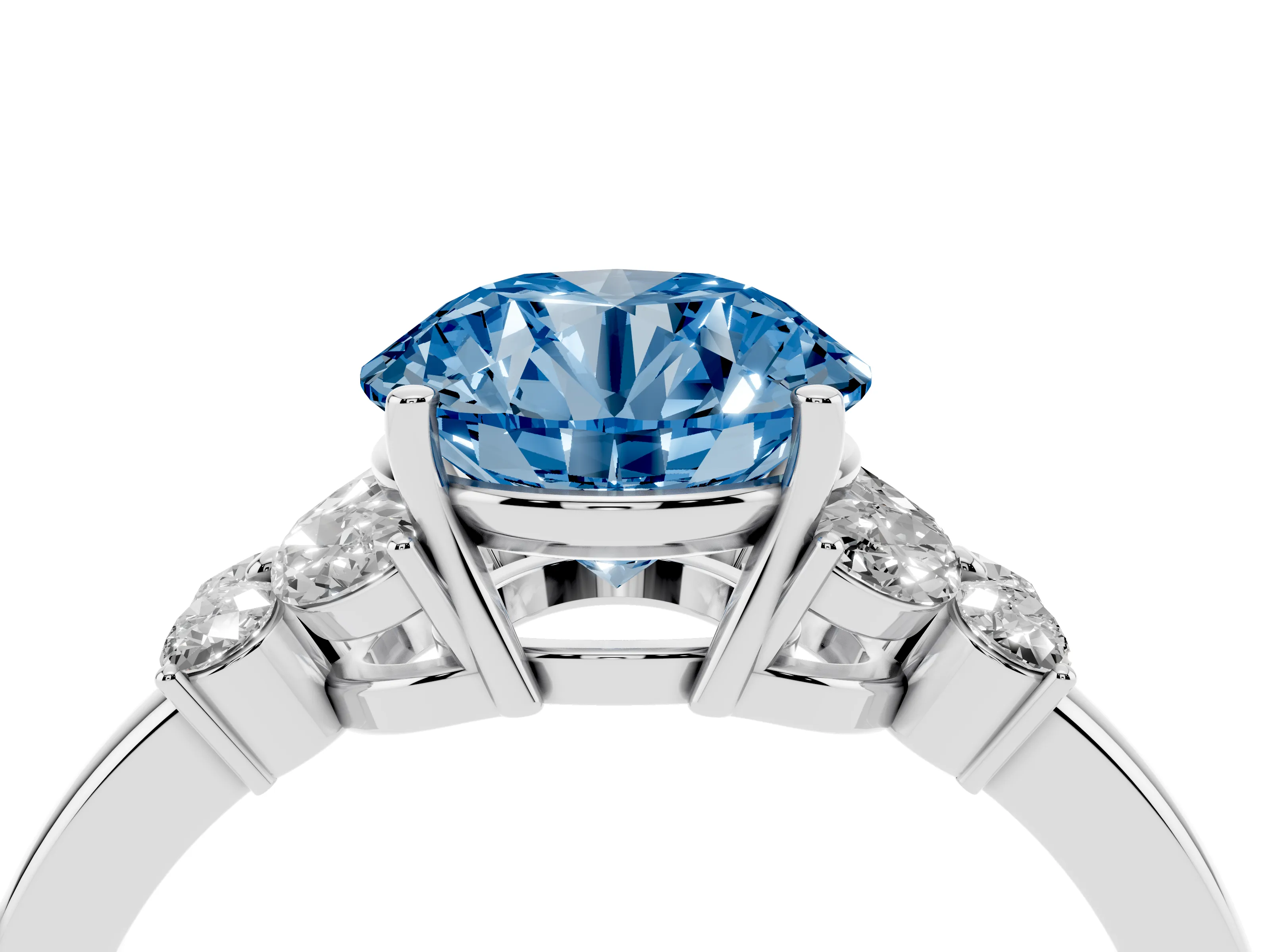 Fancy Blue Round Cut Diamond Solitaire Floral Ring Set in Silver with Marquise Petals and Prong Setting