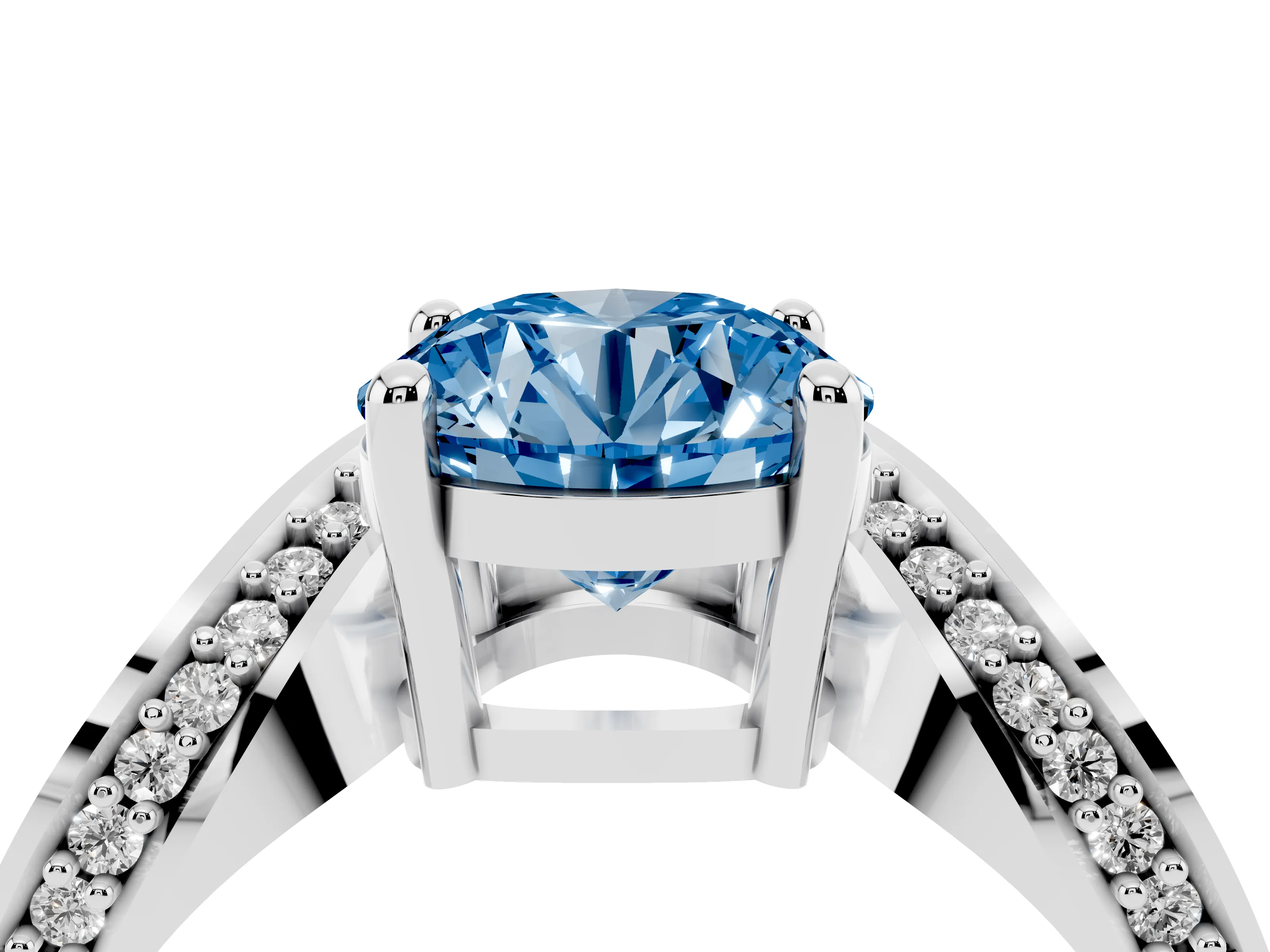 Fancy Blue Round Cut Diamond Solitaire Engagement Ring Set in Silver with Pavé Shoulders