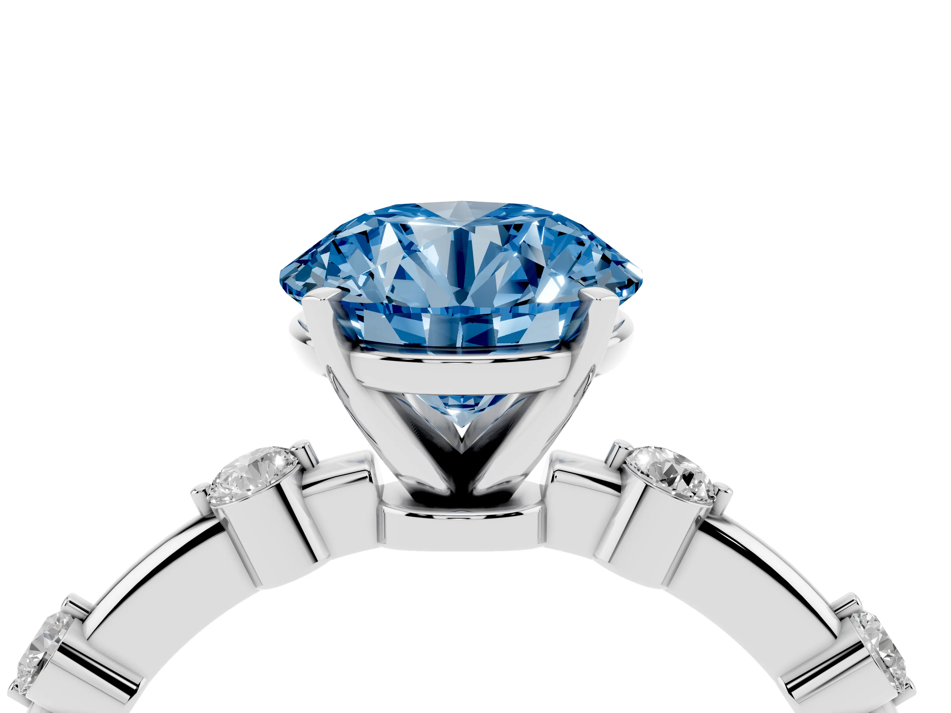 Fancy Blue Round Cut Diamond Solitaire Ring Set in Silver with Bezel Set Side Stones and Prong Setting