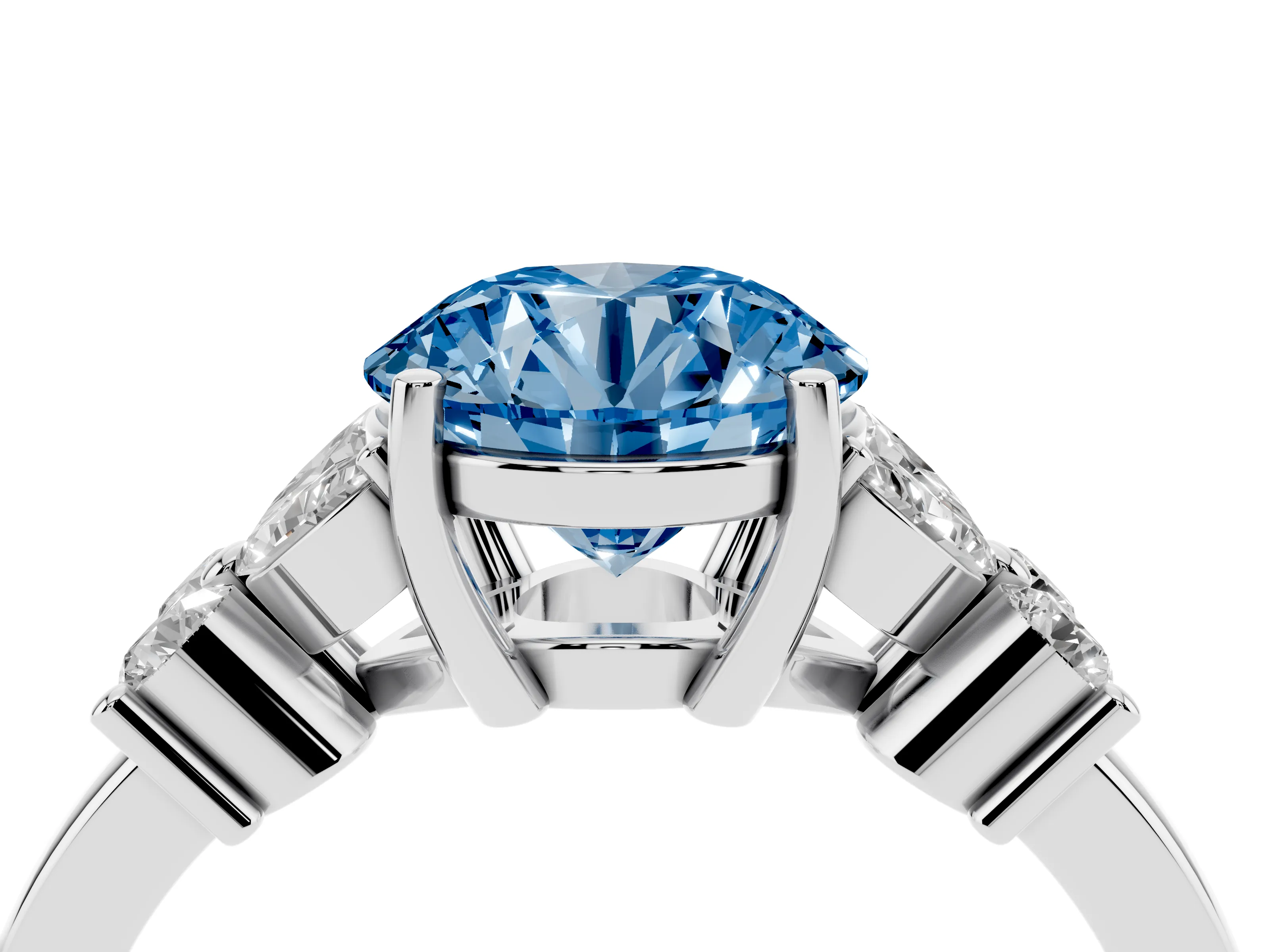 Fancy Blue Round Cut Diamond Floral Cluster Ring Set in White gold with Marquise Petals and Prong Setting