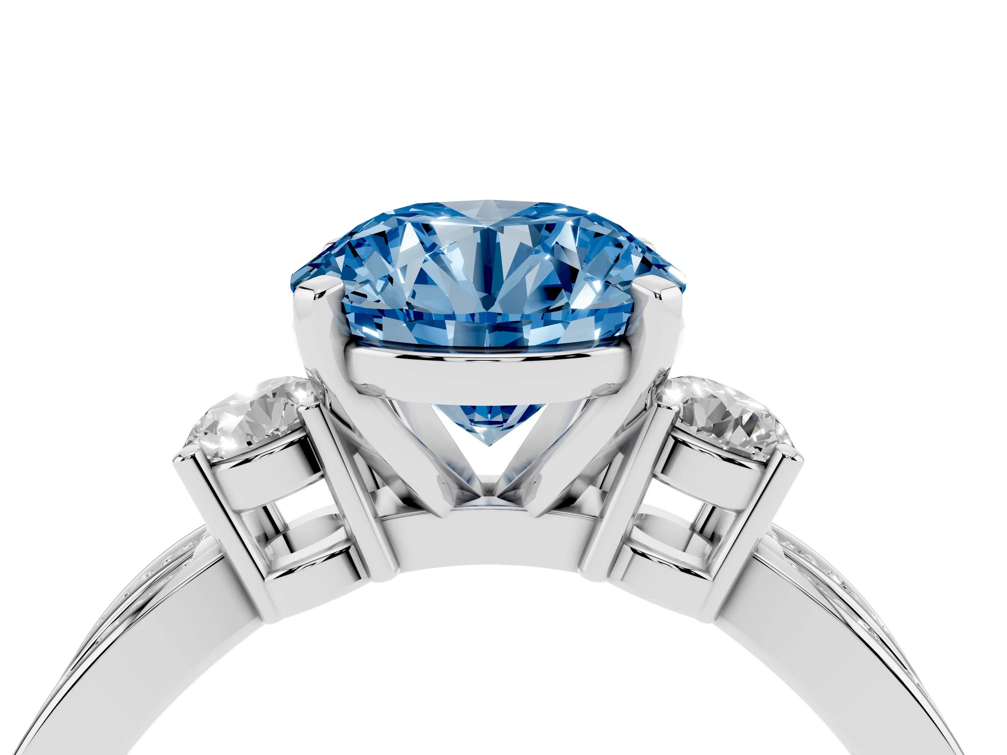 Fancy Blue Three-Stone Round Cut Diamond Twist Band Ring Set in White gold with Pavé Accents and Prong Setting