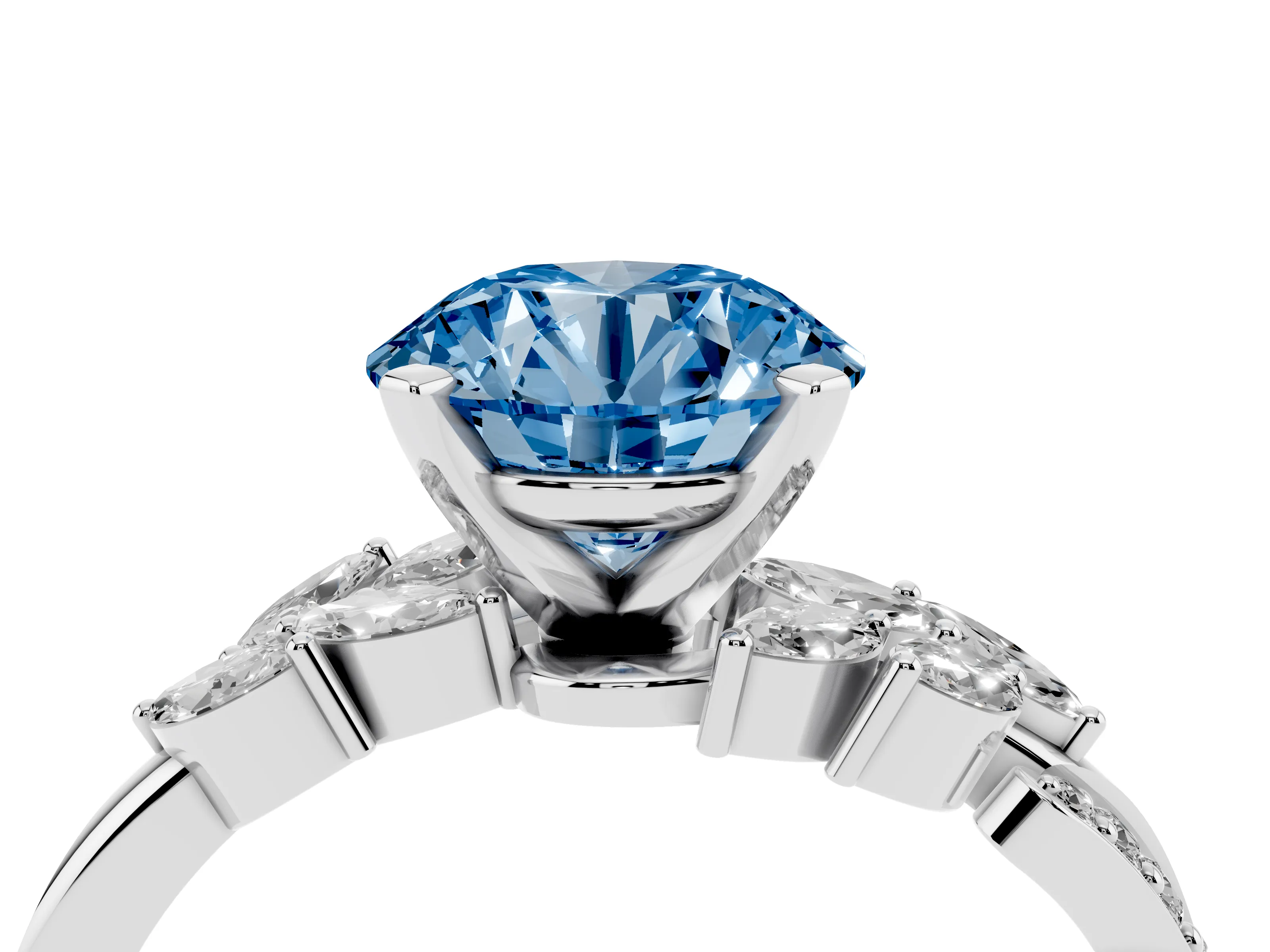 Fancy Blue Round Cut Diamond Solitaire Ring Set in Silver with Marquise Twist Band and Prong Setting