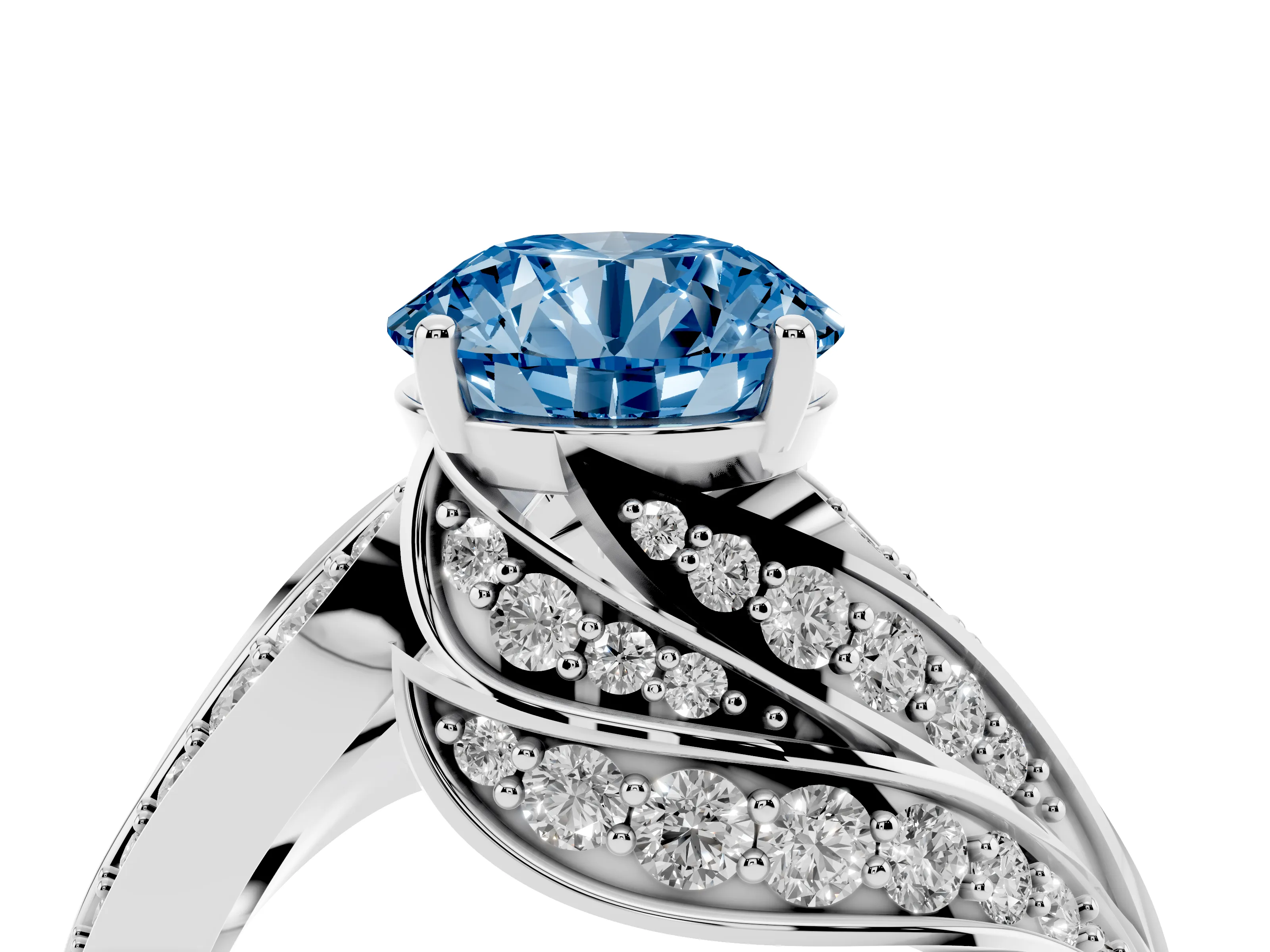 Fancy Blue Round Cut Diamond Solitaire Ring Set in Silver with Layered Twist Pavé Band