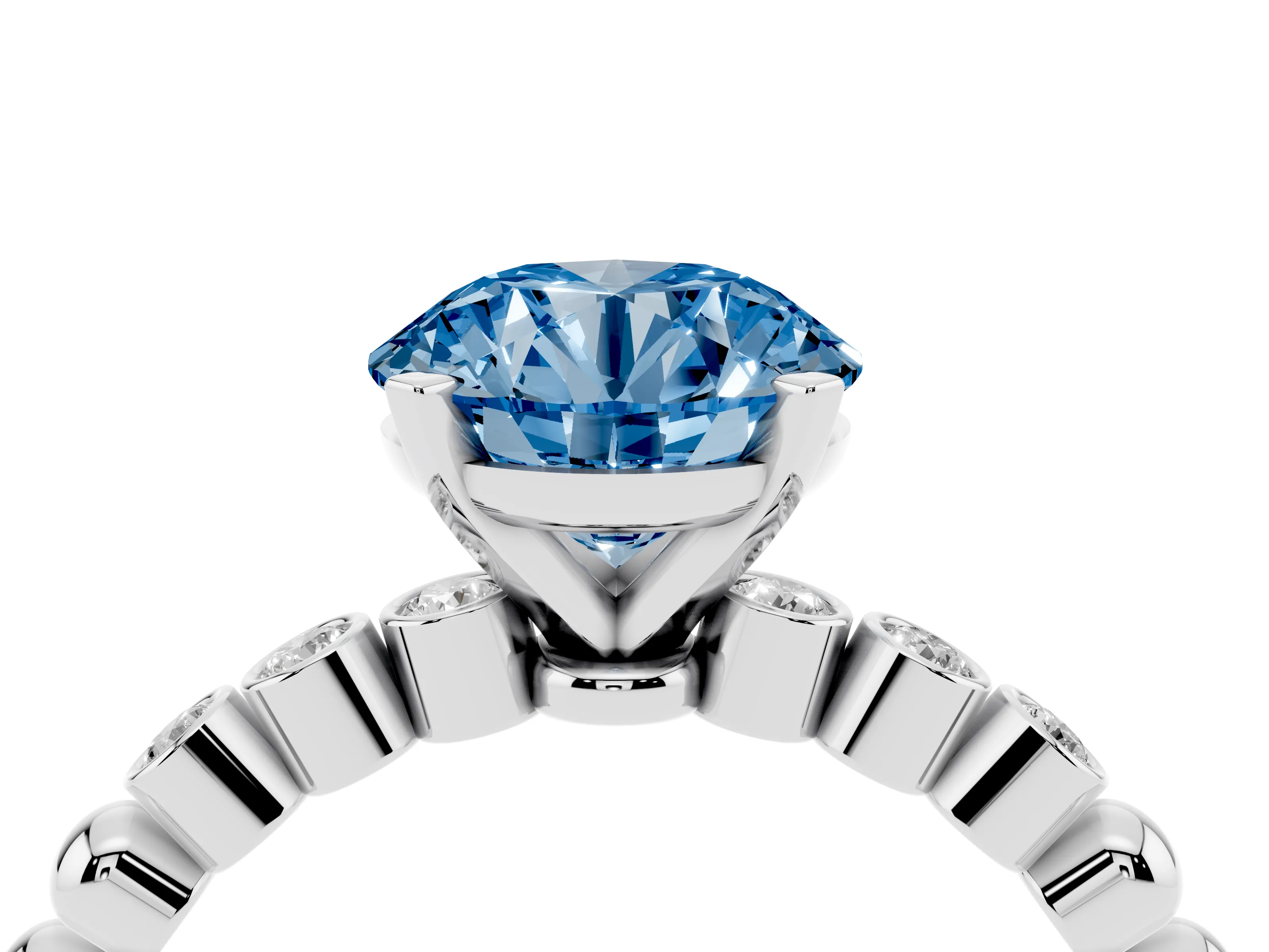 Fancy Blue Round Cut Diamond Solitaire Engagement Ring Set in Platinum with Bezel Accents on Beaded Band