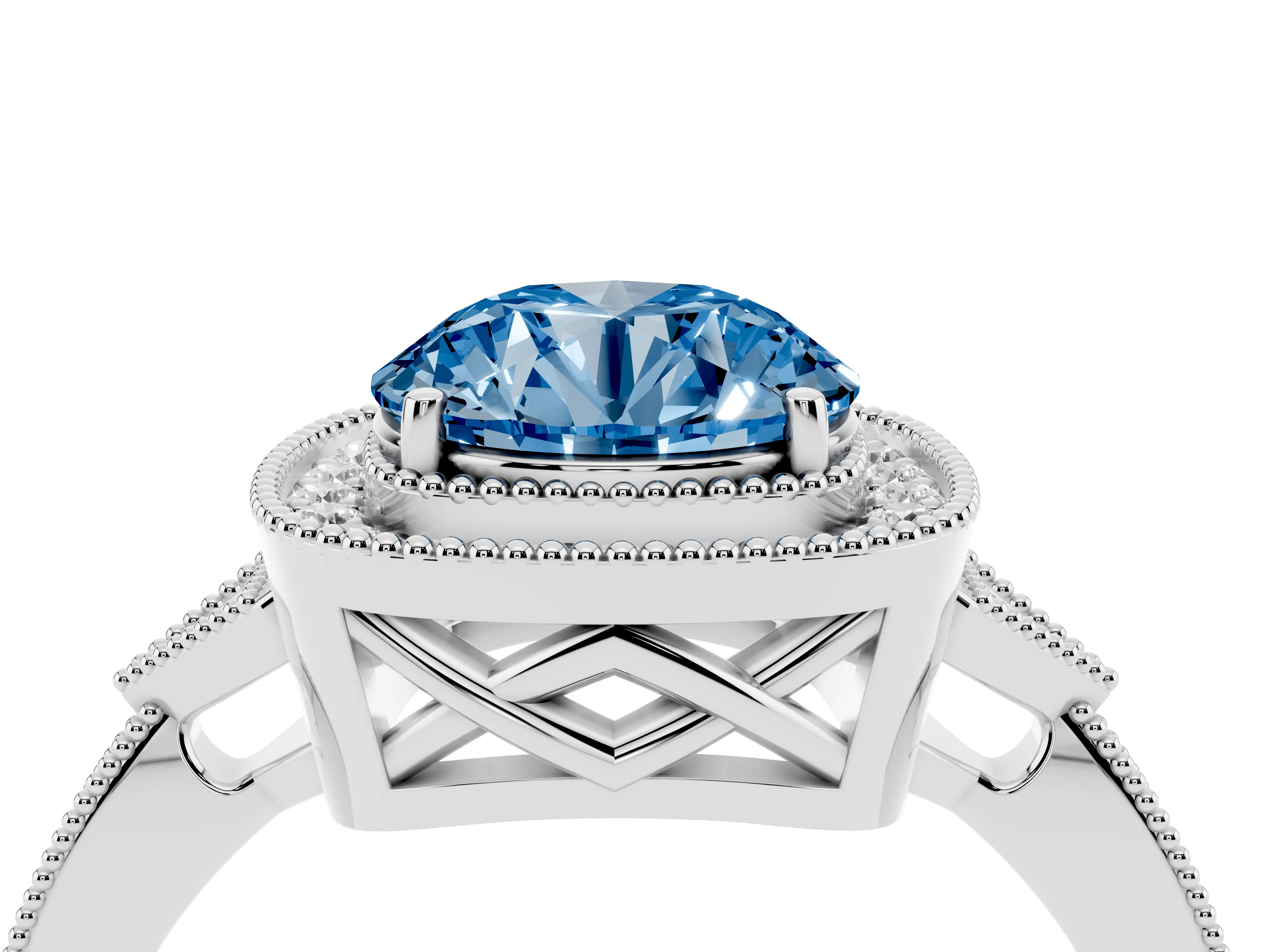 Fancy Blue Round Cut Diamond Halo Engagement Ring Set in Platinum with Milgrain Pavé Band