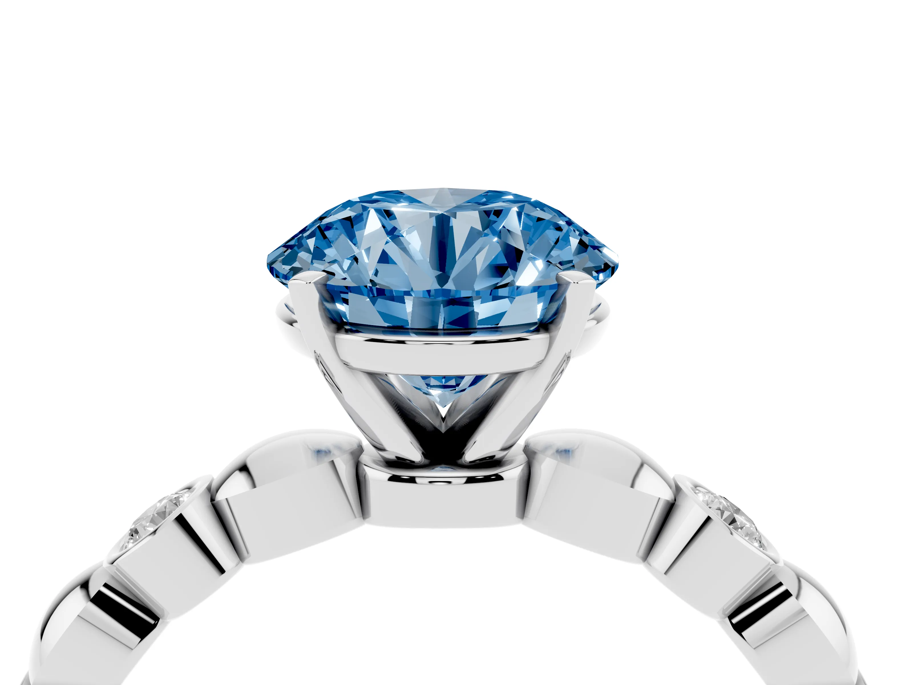 Fancy Blue Round Cut Diamond Solitaire Ring Set in Silver with Bezel-Set Accents on Beaded Band and Prong Setting
