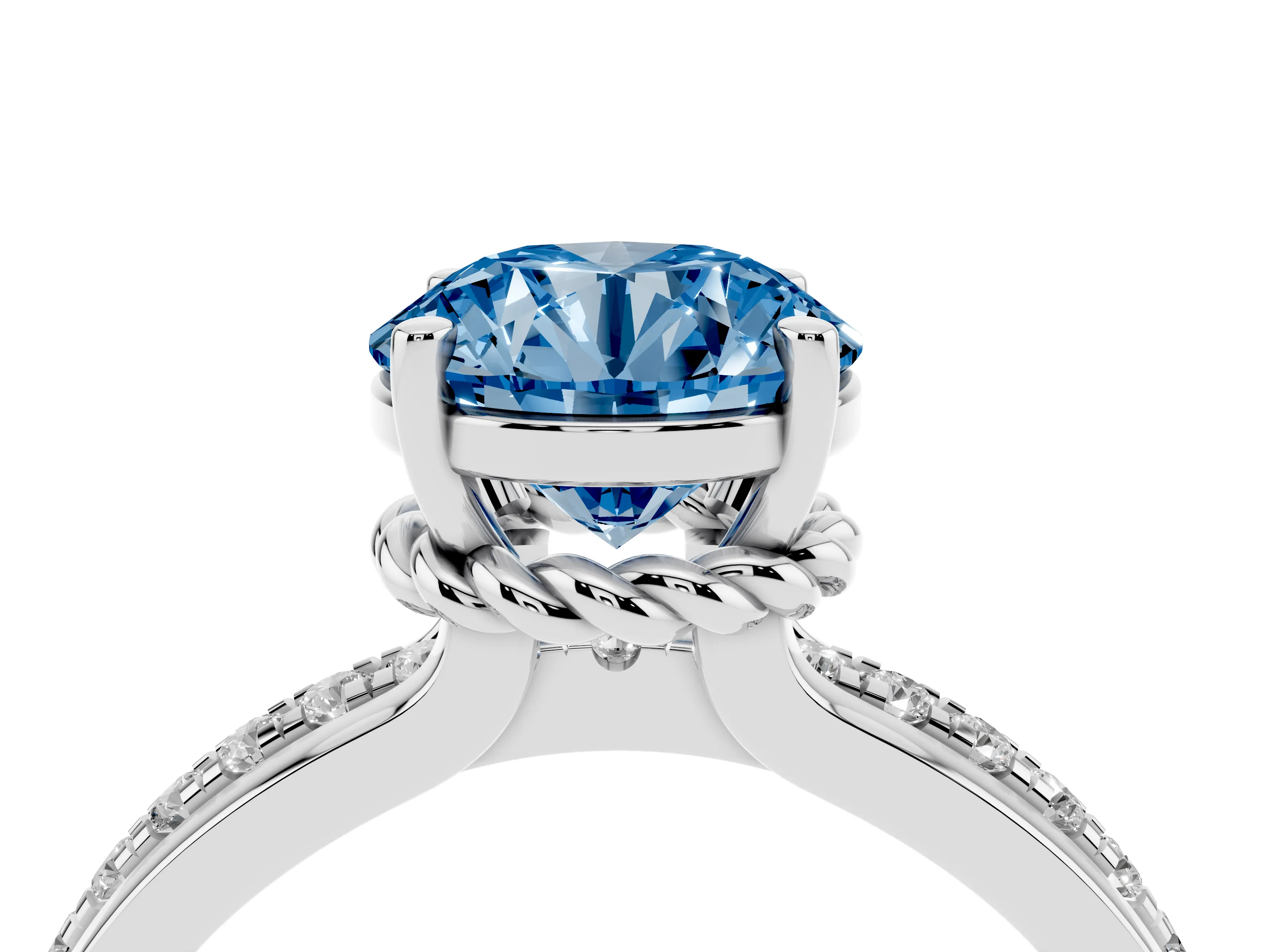 Fancy Blue Round Cut Diamond Solitaire Ring Set in Platinum with Channel Set Band and Prong Setting
