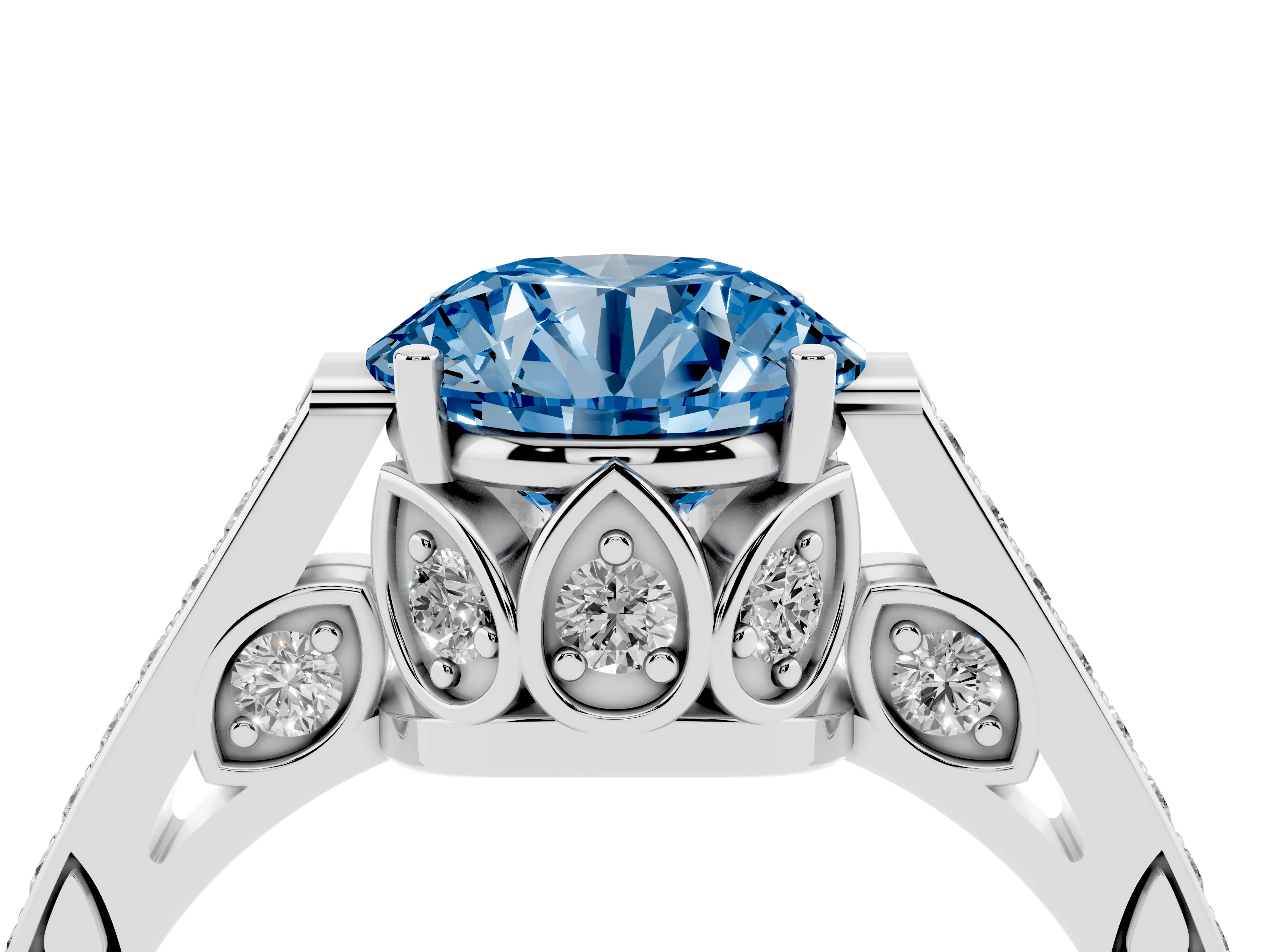 Fancy Blue Round Cut Diamond Cathedral Pavé Engagement Ring Set in Silver with Prong Setting