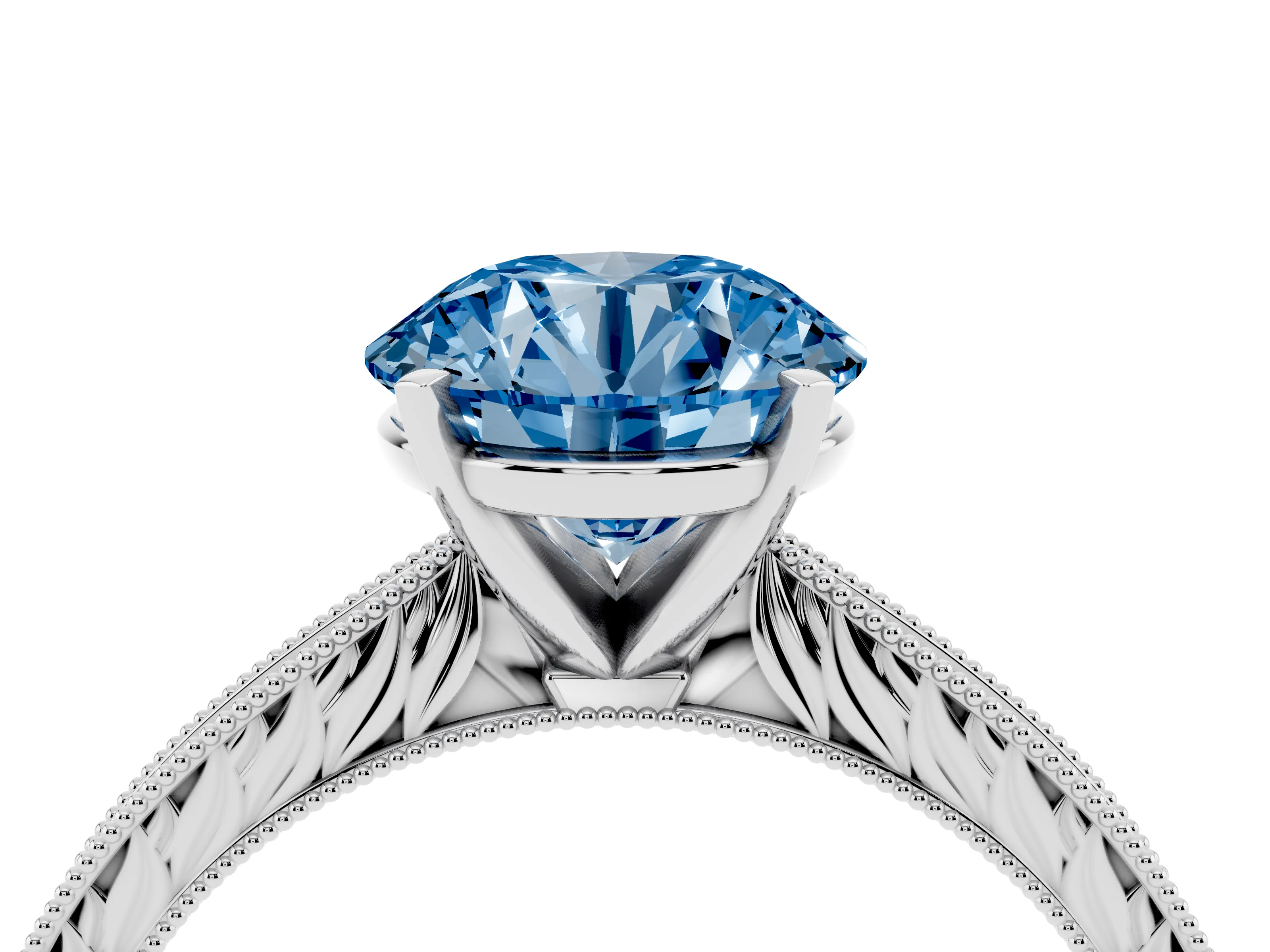 Fancy Blue Round Cut Diamond Solitaire Milgrain Engraved Band Set in Platinum with Prong Setting