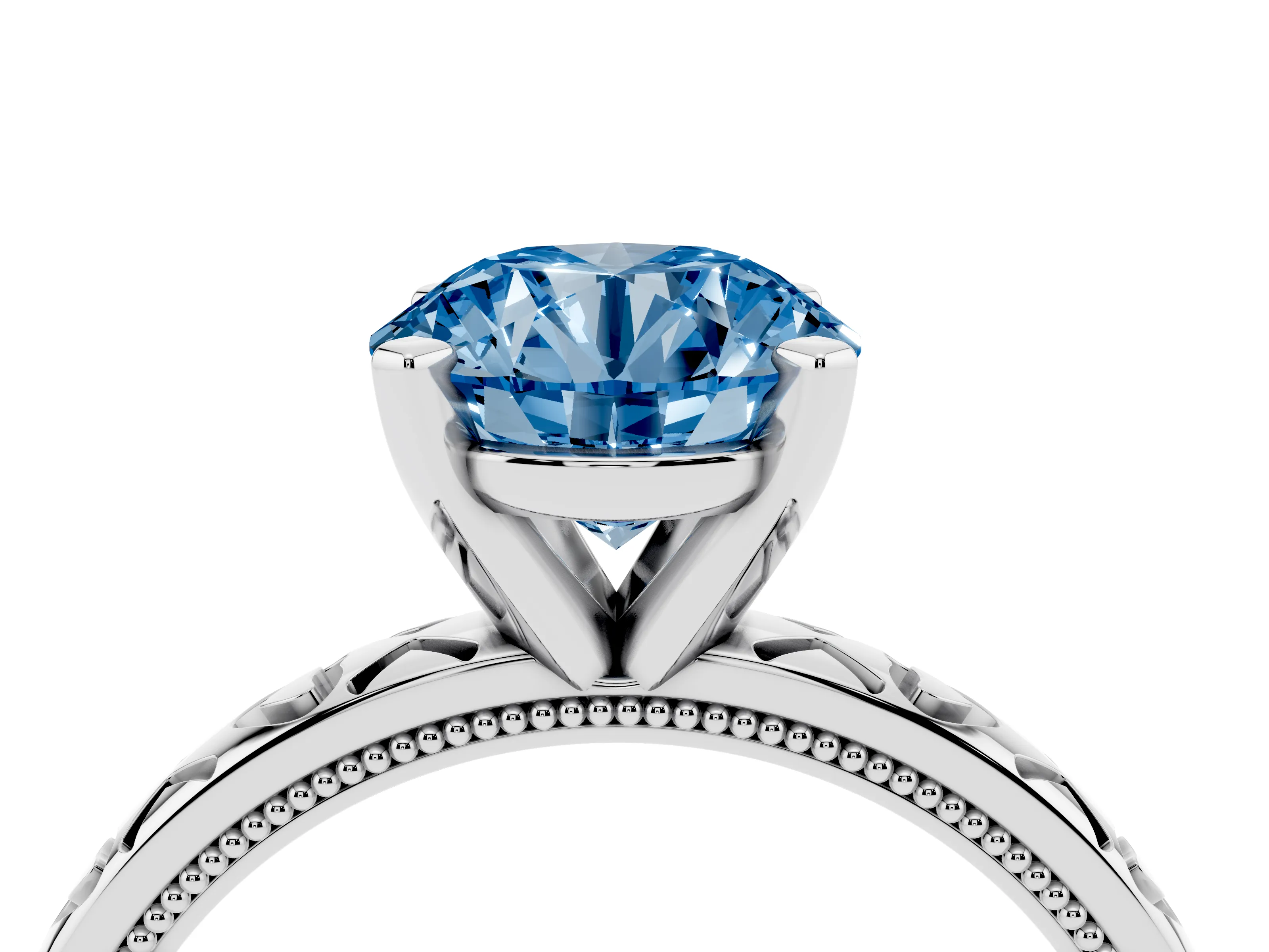 Fancy Blue Round Cut Diamond Solitaire Engagement Ring Set in Platinum with XO Engraved Band and Prong Setting