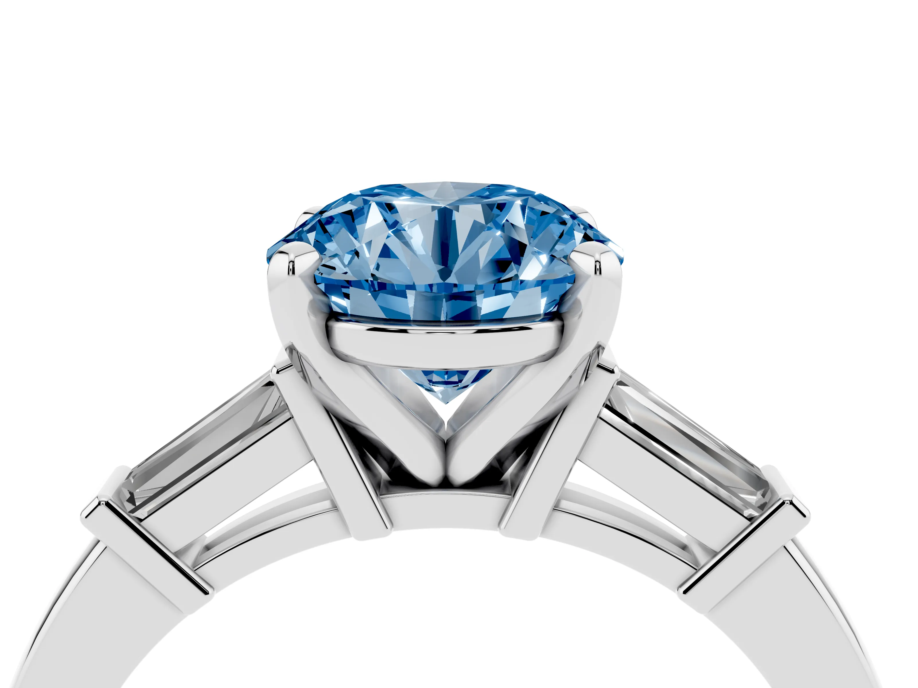 Fancy Blue Round Cut Diamond Solitaire Ring Set in White gold with Tapered Baguette Accents and Prong Setting