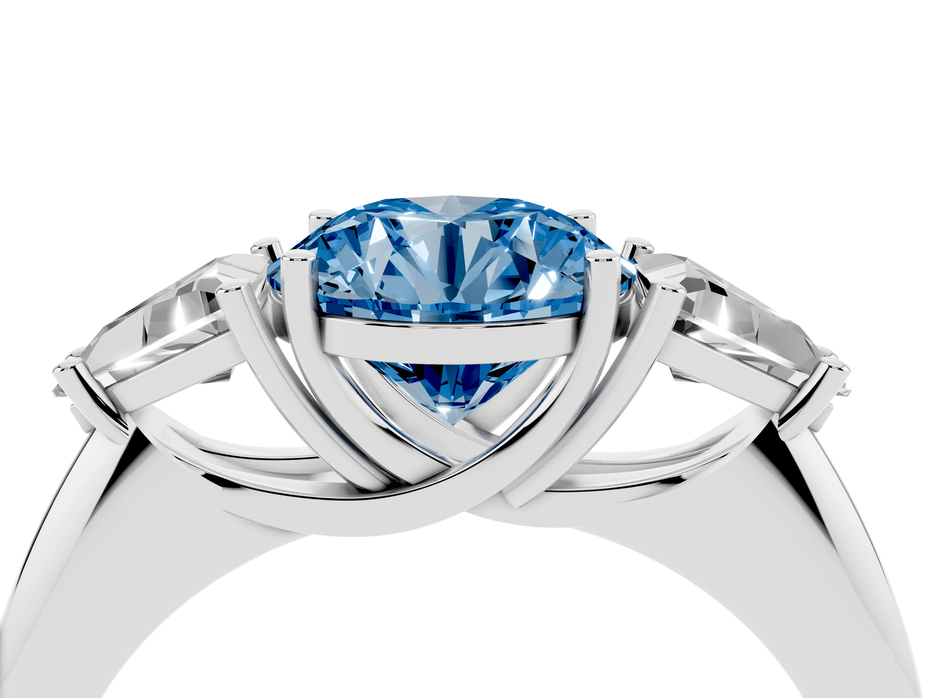 Fancy Blue Round Cut Diamond Three-Stone Engagement Ring Set in White gold with Trillion Side Stones