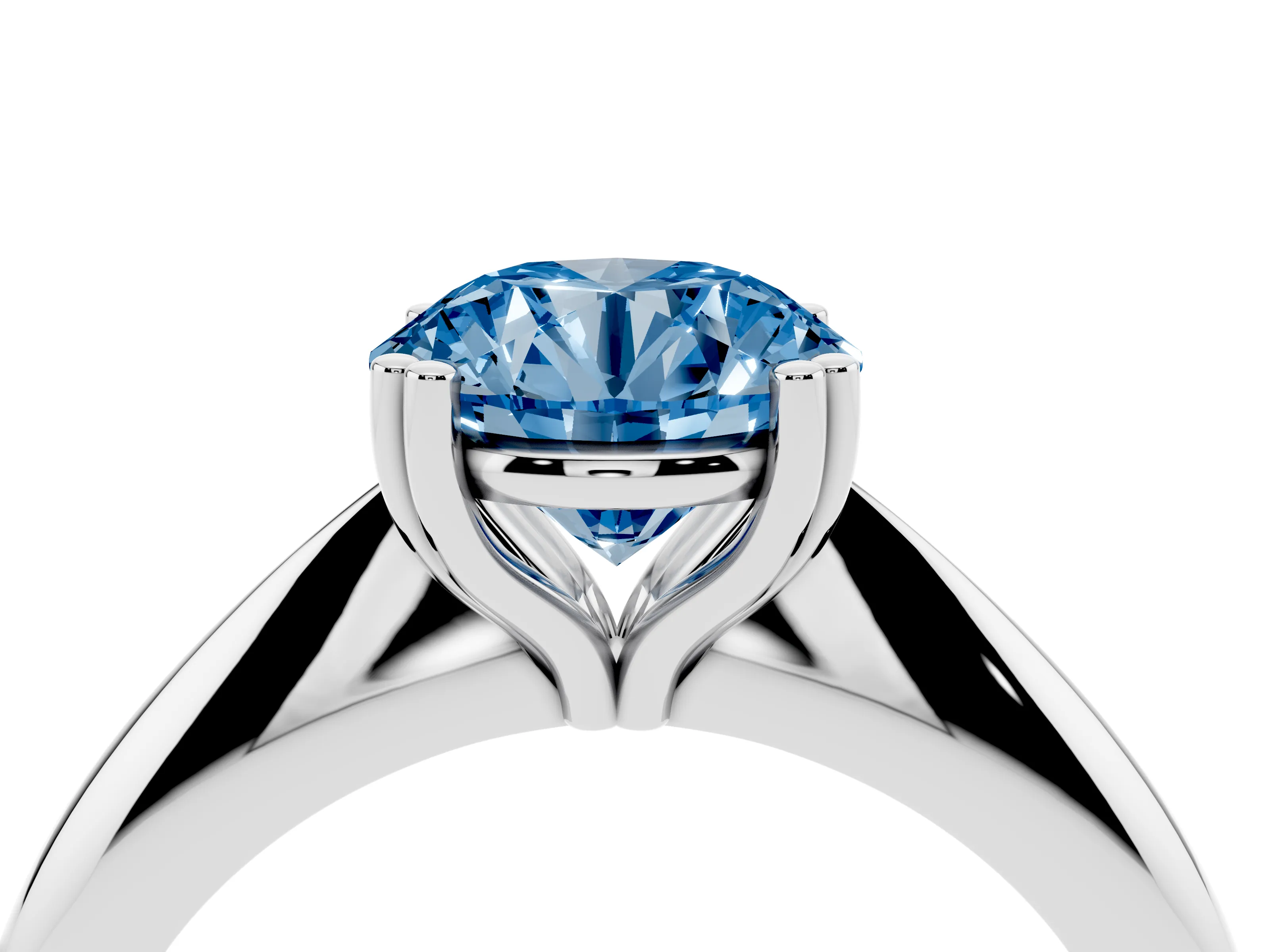 Fancy Blue Round Cut Diamond Solitaire Engagement Ring Set in White gold with Tapered Band and Prong Setting